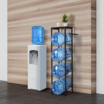 BTY Water Jug Rack 5 Gallon Water Bottle Holder with Storage Shelf 4 Tier Heavy Duty Water Jug Organizer Stand for Home Office Kitchen Living Room Breakroom, Black
