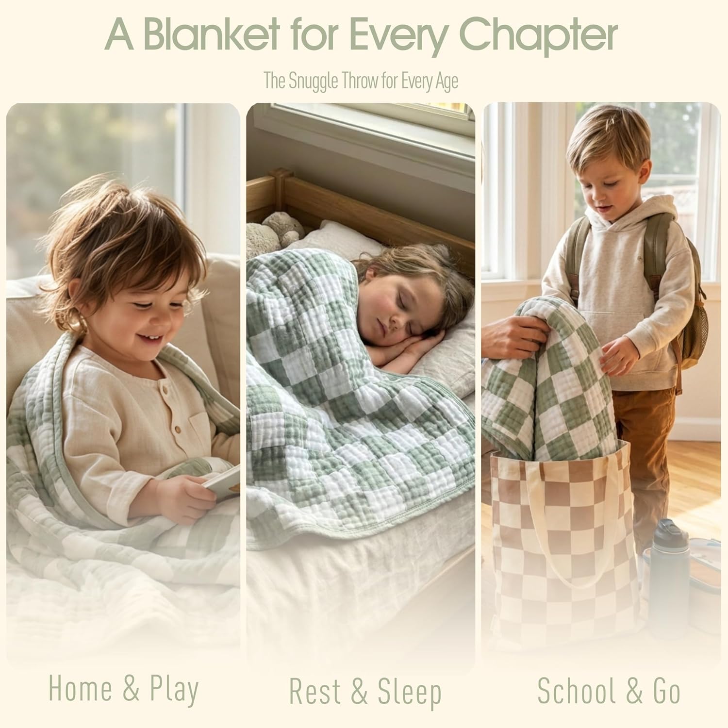 6-Layer Muslin Toddler Blanket - Made with Organic Cotton, Large 50x60 Crib Quilt & Bedding for Kids & Moms (Sage Green Checkered)