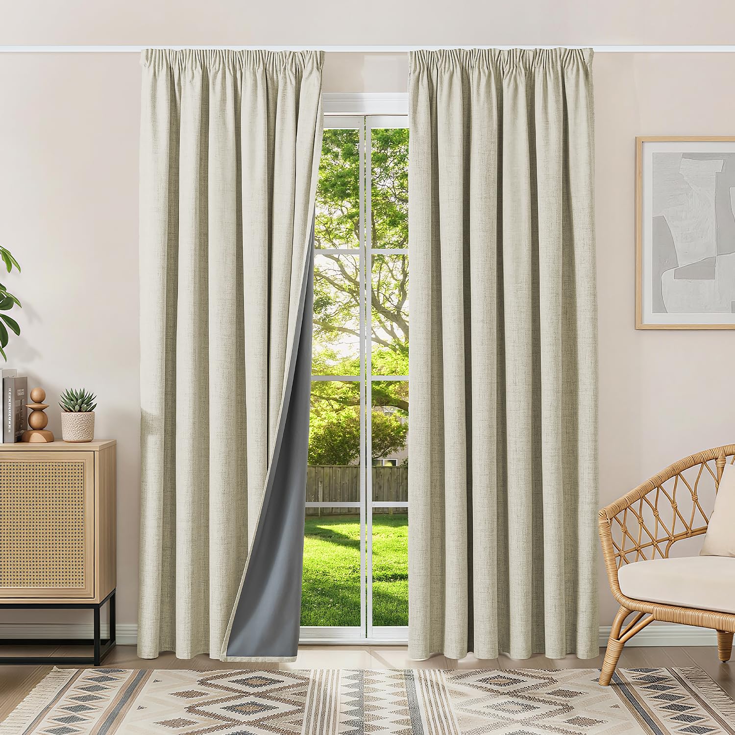Runyéla 100% Blackout Curtains Pencil Pleat Linen Curtain for Bedroom Living Room Thermal Insulated 90 x 90 Inch Drop 2 Panels Light Beige