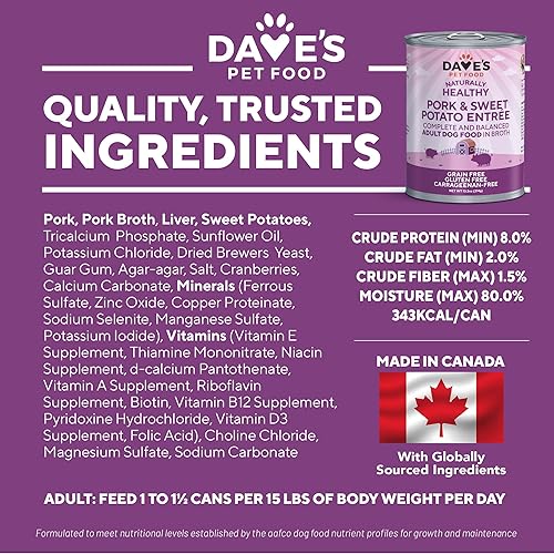 Miniatura 7 de Dave's - Alimento húmedo para perros sin cereales (cerdo y batata en caldo), hecho en Canadá, naturalmente saludable, conserva, sin gluten, 13.2
