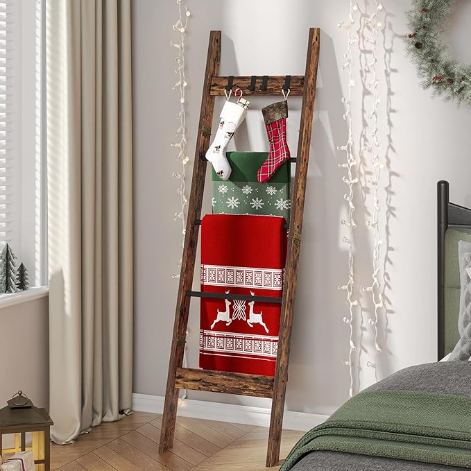 Hzuaneri Blanket Ladder for Living Room, Decorative Quilt Rack with 4 Removable Hooks, 5-Tier Farmhouse Ladder Holder Shelf Organizer for Bedroom, Rustic Brown and Black 02101BBR