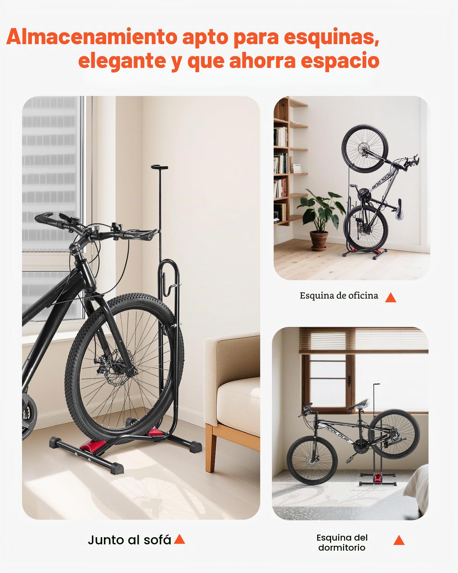 VEVOR Soporte para Bicicletas de Montaña y Carretera de 406,4-700 mm Vertical y Horizontal Portabicicletas de Suelo para Estacionamiento y Almacenamiento en Garaje, Porche, Interior, Exterior, Negro