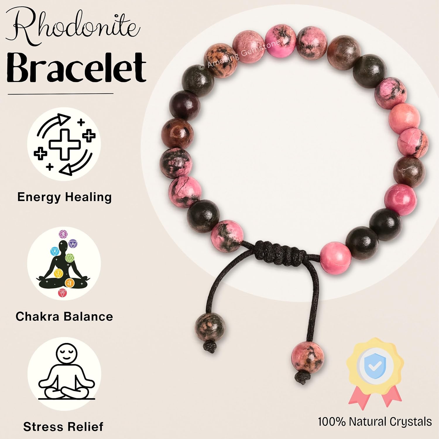 Amazing Gemstone Rhodonite Bracelet, Gifts For Men & Women - Protection Healing Crystal Bracelet - 8mm Gemstone Beaded Adjustable Bracelet, Pulseras Para Hombres Mujer Stocking Stuffers - Image 3