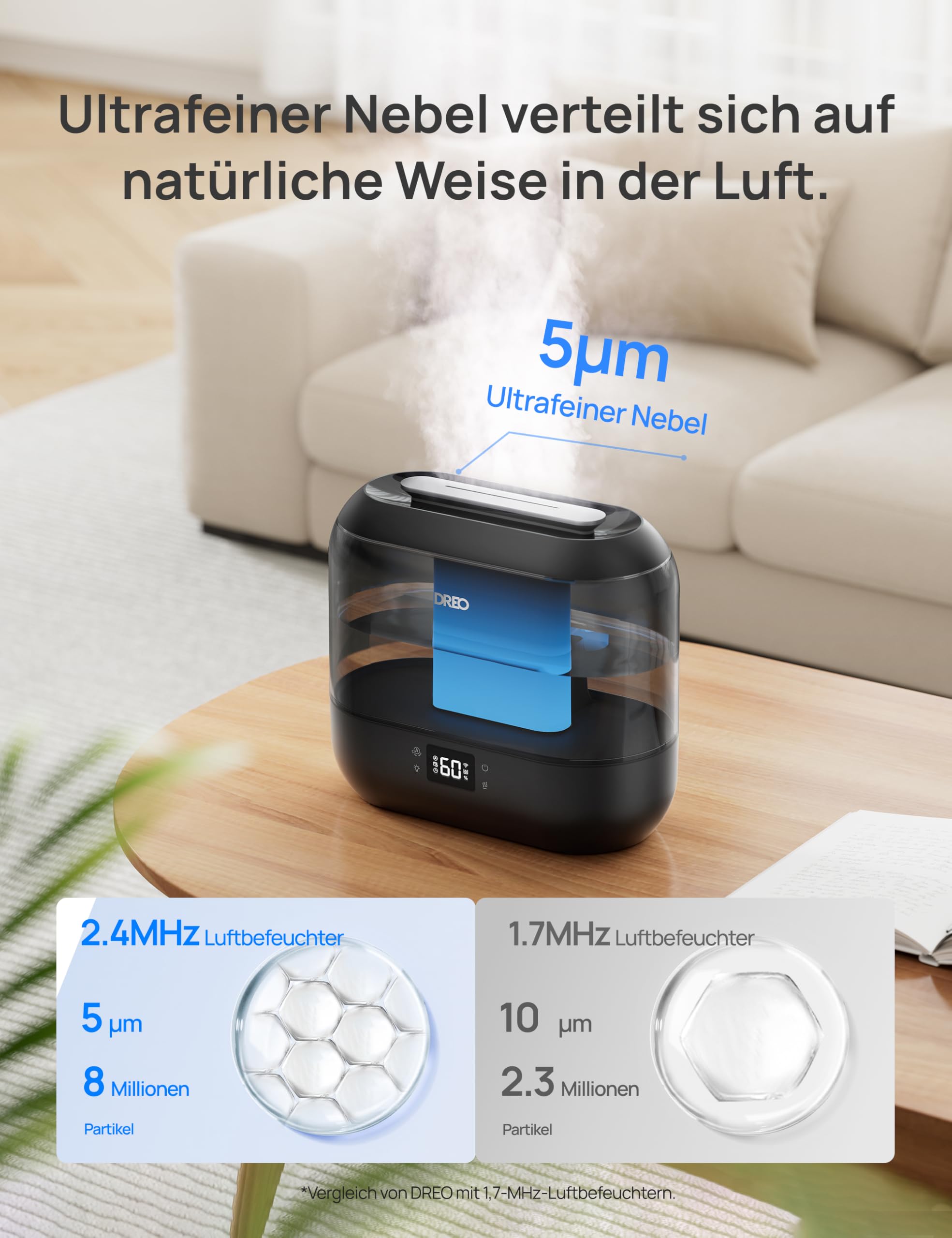 Dreo Smart Luftbefeuchter 4L, oben befüllbarer Kühler Nebel Humidifier mit Öl Diffusor und Nachtlicht, 36h Laufzeit, leiser Ultraschall
