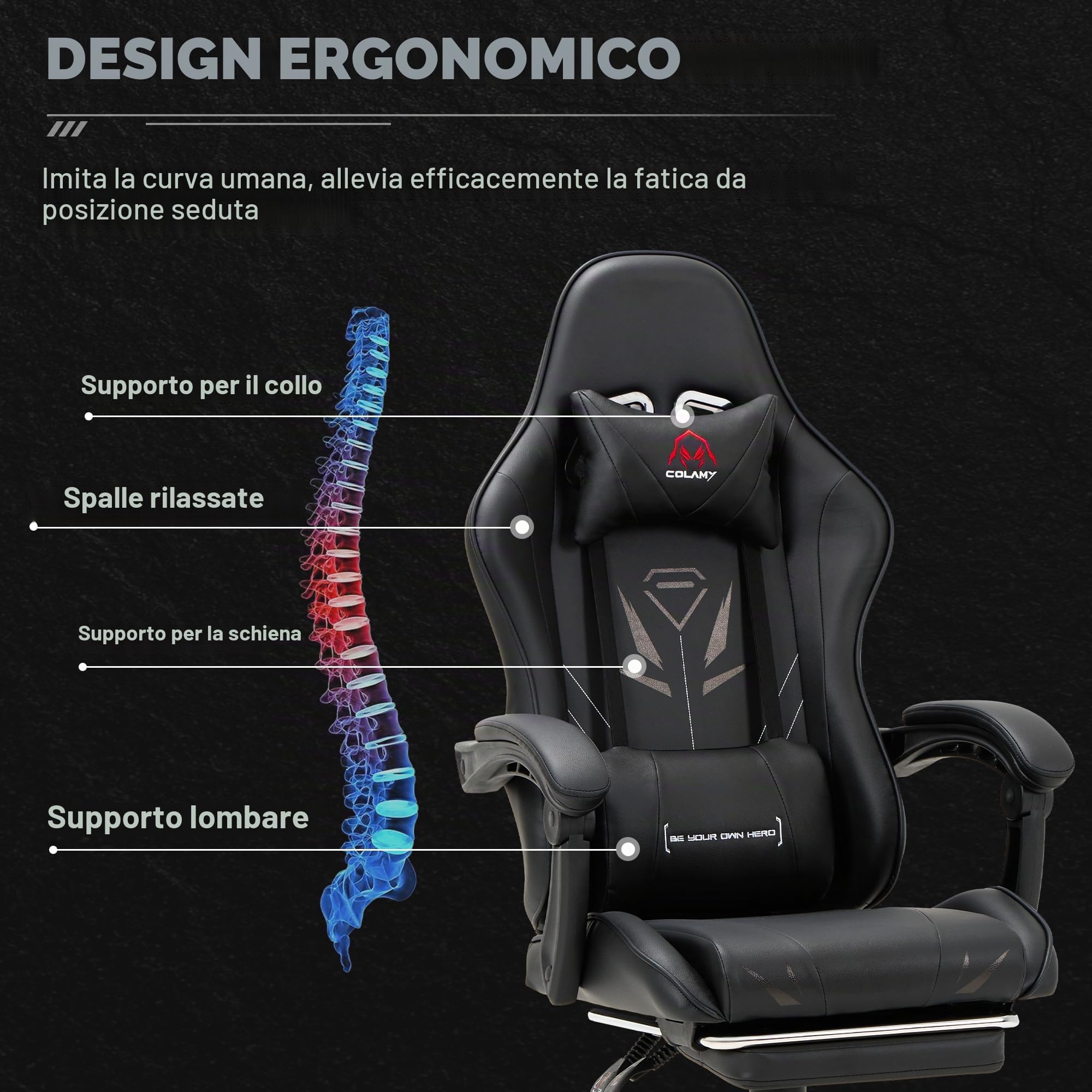 COLAMY Sedia da gaming con poggiapiedi e supporto lombare, regolabile in altezza, con seduta girevole a 360° e poggiatesta
