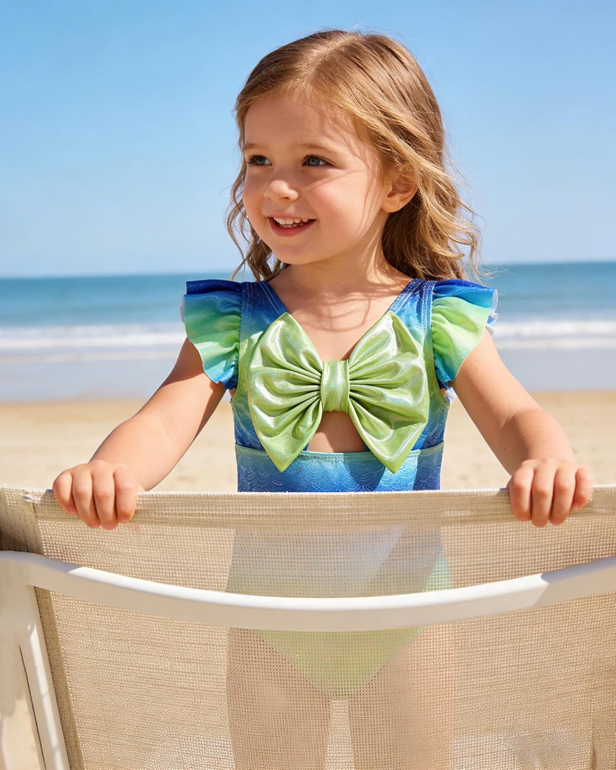 Toddler Baby Girl One Piece Swimsuit Ruffle Mermaid Sparkly Back Bow-Knot Swimwear Infant Bathing Suit for 1-5 Years - Image 2