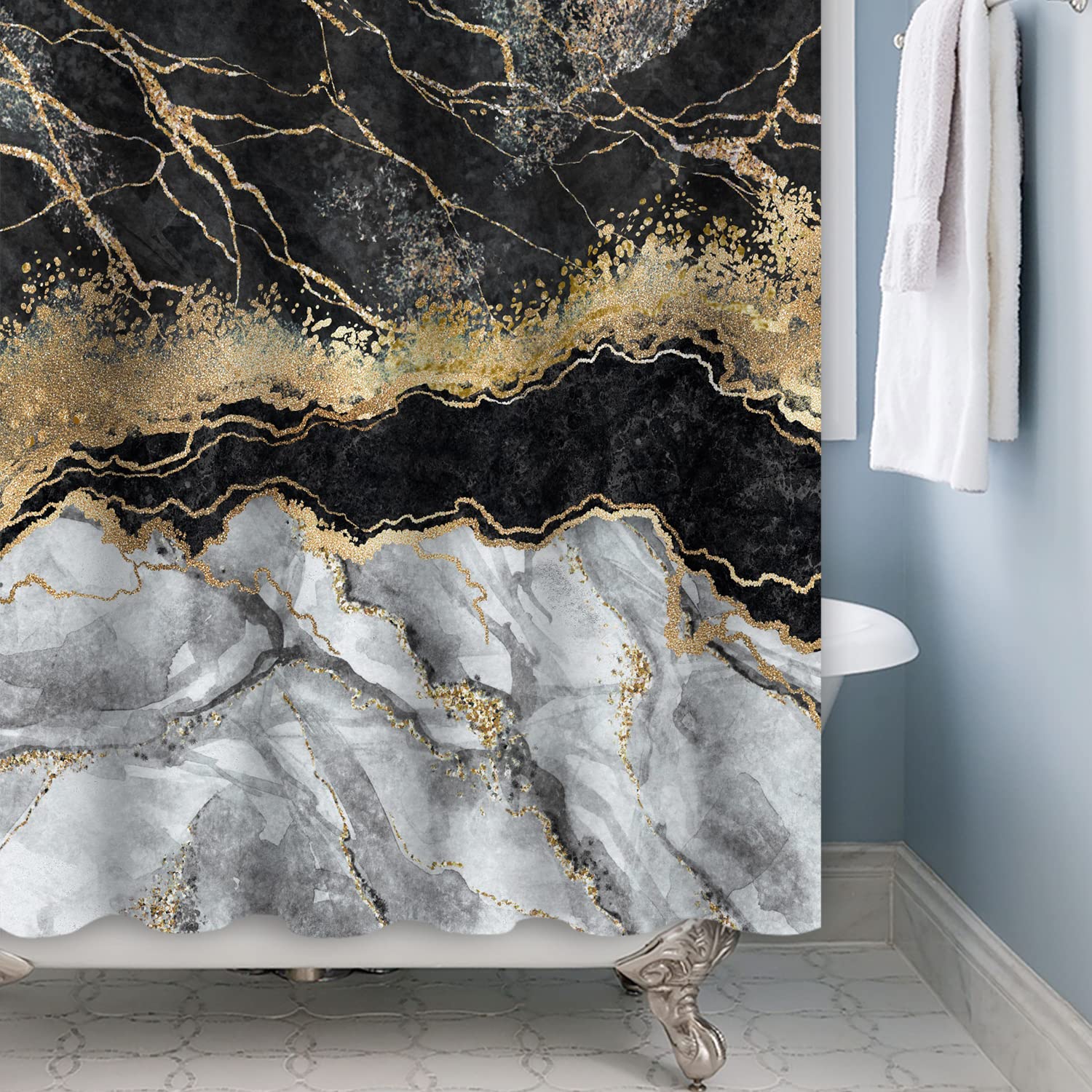 SDOTPMT 48x72 Inches Marble Texture Shower Curtain Gold Powder Sparkling Irregular Gradient Black-White Color Bath Curtain Marvelous Abstract Luxury Polyester Bathroom Curtain with Hooks - Image 2