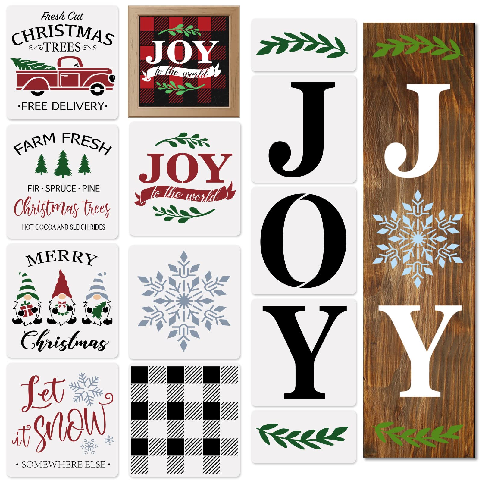 12pcs Christmas Stencils for Painting on Wood,10” X 10” Reusable Joy Porch Sign Stencil,Including Snowflake/Let it Snow/Buffalo Plaid/Christmas Gnome Stencil