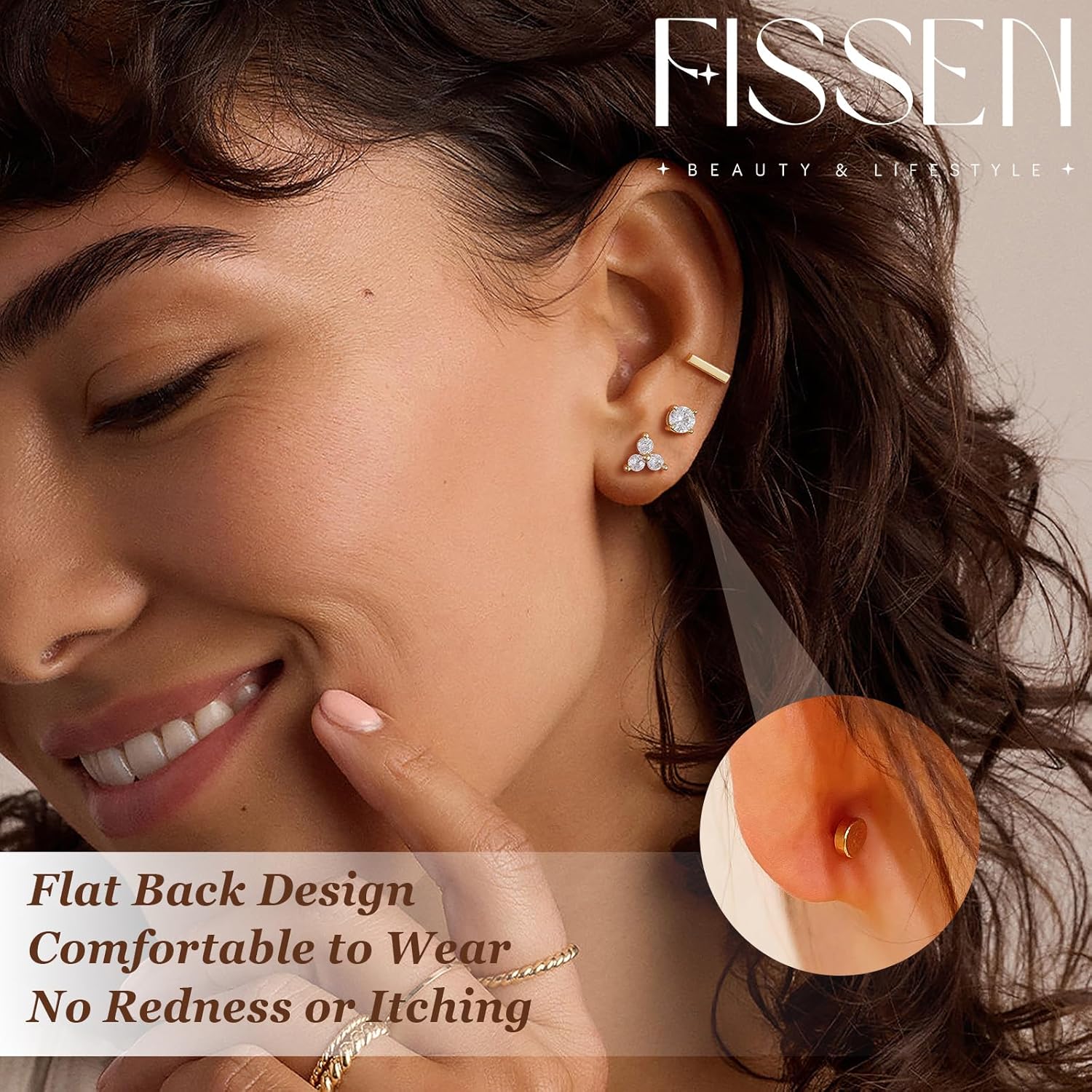 3 Pairs Flat Back Earrings for Women, 14k Gold Plated Flat Back Stud Earrings Set, Dainty Hypoallergenic Non Tarnish Cartilage Helix Tragus Piercing Earring Trendy Stuff Fashion Gold Jewelry Gifts - Image 3