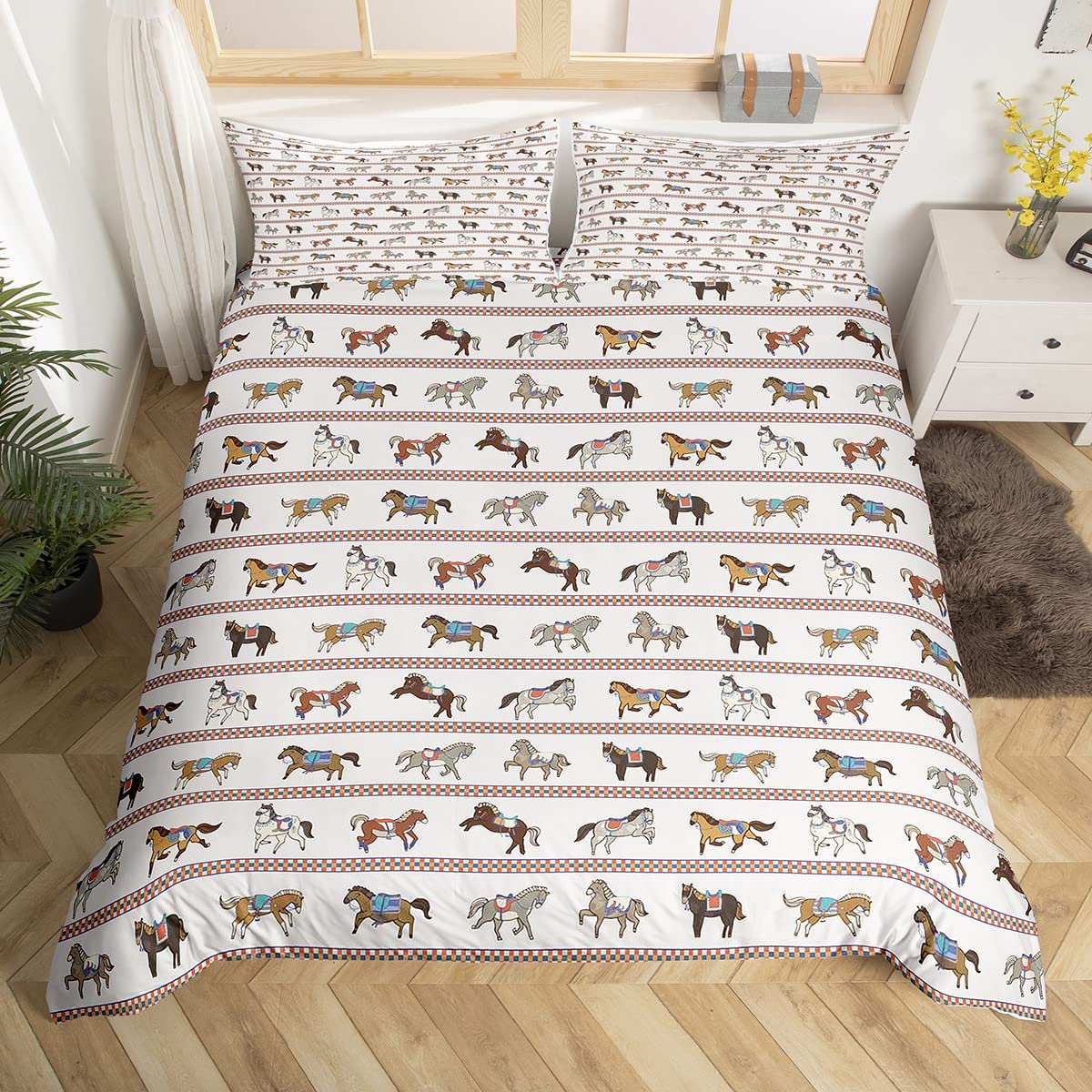 Homemissing Boys Multicoloured 1 Kids Cute Horse Bedding Set Cartoon Steed Horse Duvet Cover Girls Lovely Wild Animal Comforter Cover Exotic Tribal Brown Bedspread Cover 3Pcs Double Size