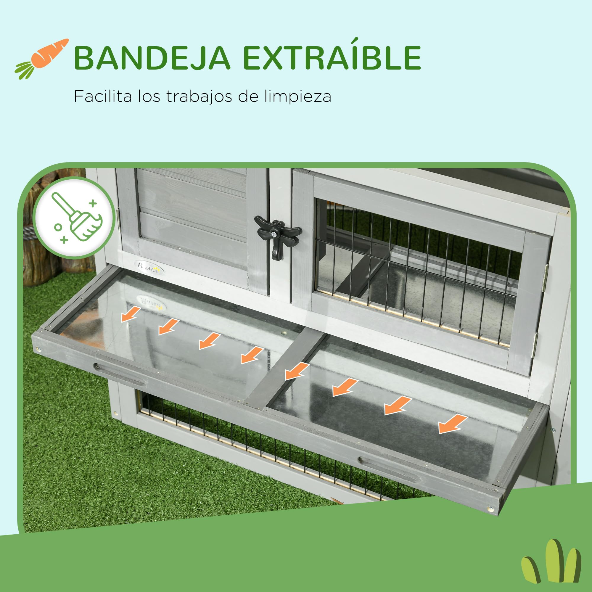 PawHut Conejera Exterior de Madera 150x52x68 cm Jaula para 1-2 Conejos Grande con Techo Asfáltico Abatible Bandeja Extraíble y Rampa Gris