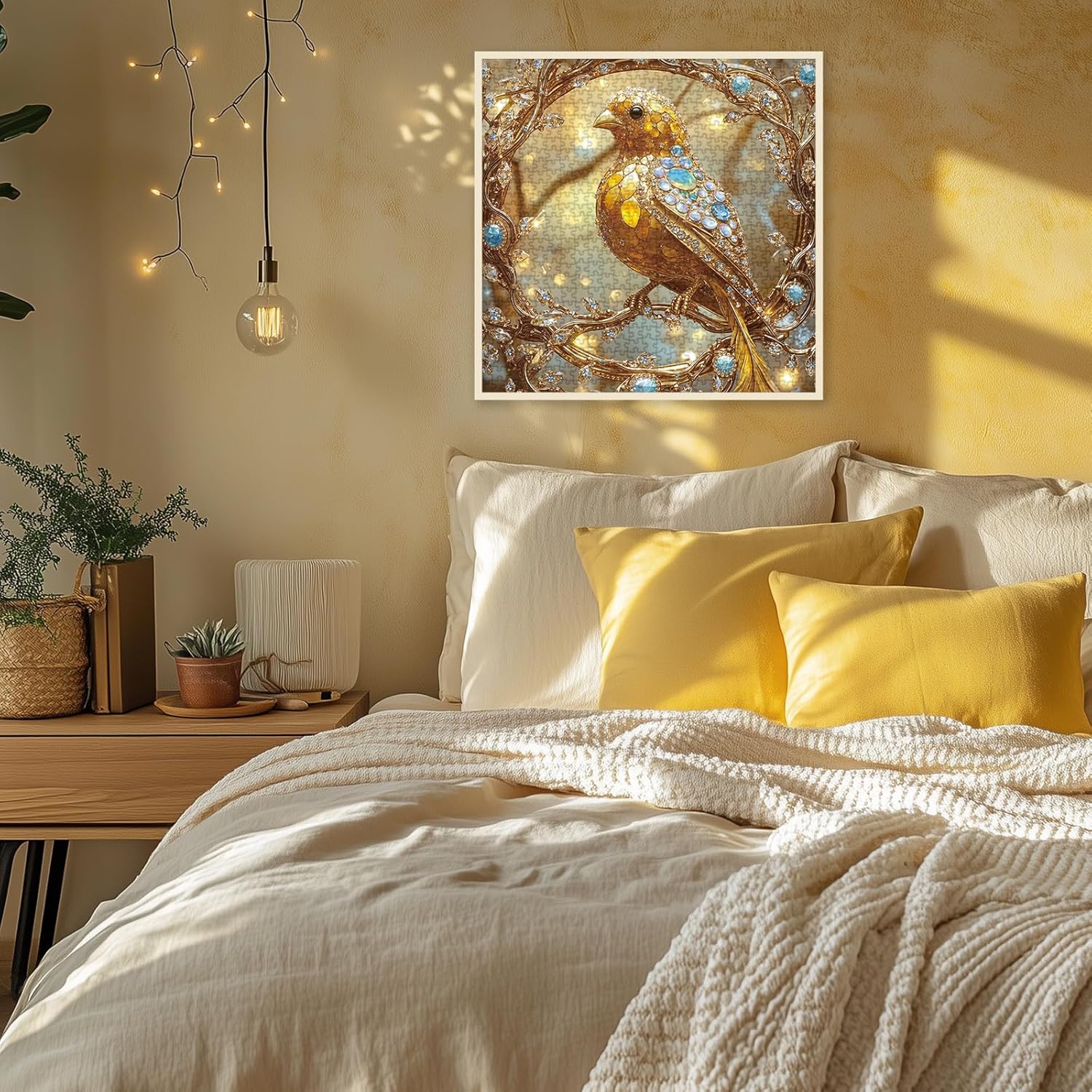 Bird Gem Jewel Puzzle 1000 Pieces for Adults, Canary Diamond Tree Colorful Jigsaw Puzzle, Golden Vintage Animal Art Puzzles
