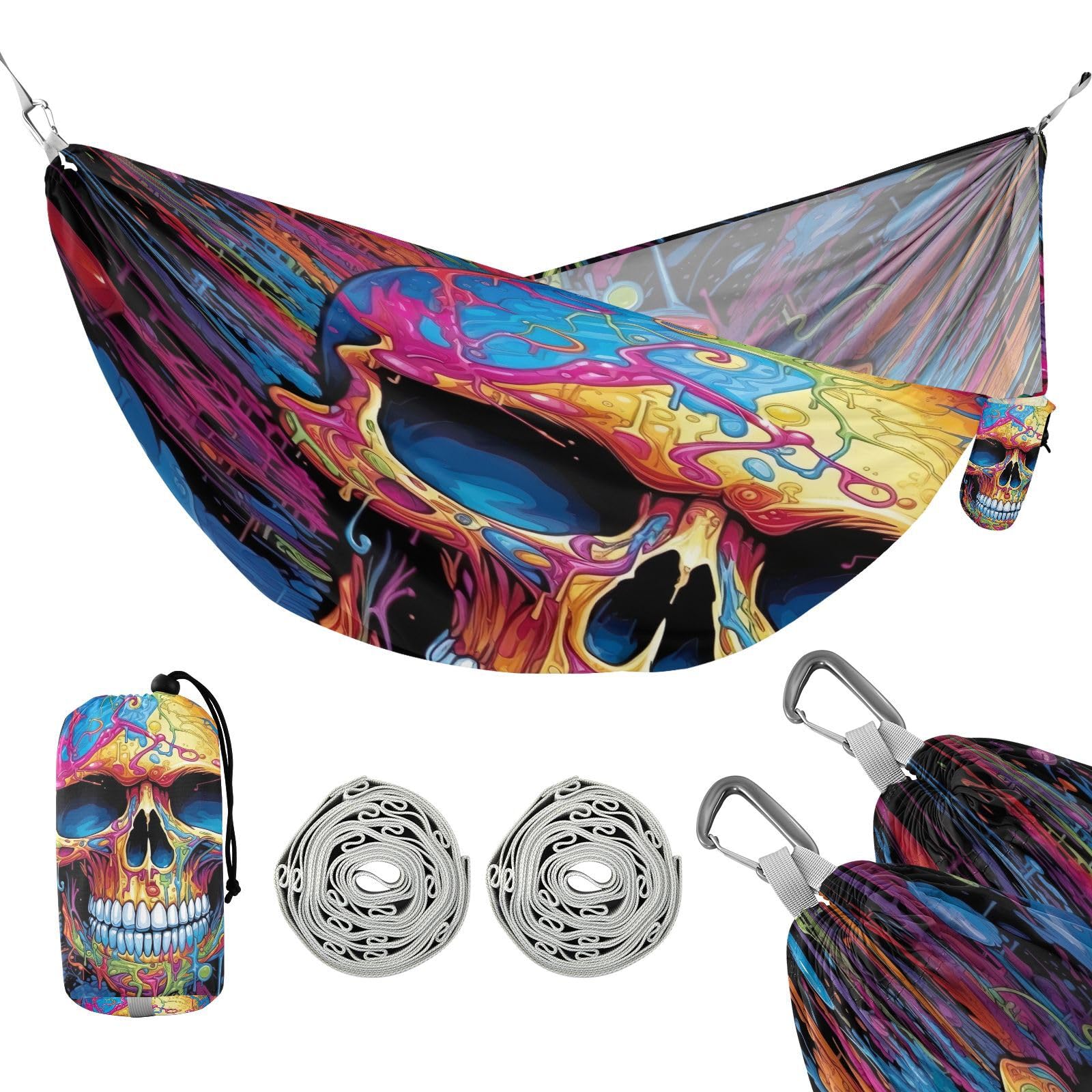 Haskirky Skull Camping Hammock, Single Portable Hammocks with Tree Straps & Attached Carry Bag, 330Lbs Capacity Perfect for Outside Indoor Hiking Beach Backpack Travel
