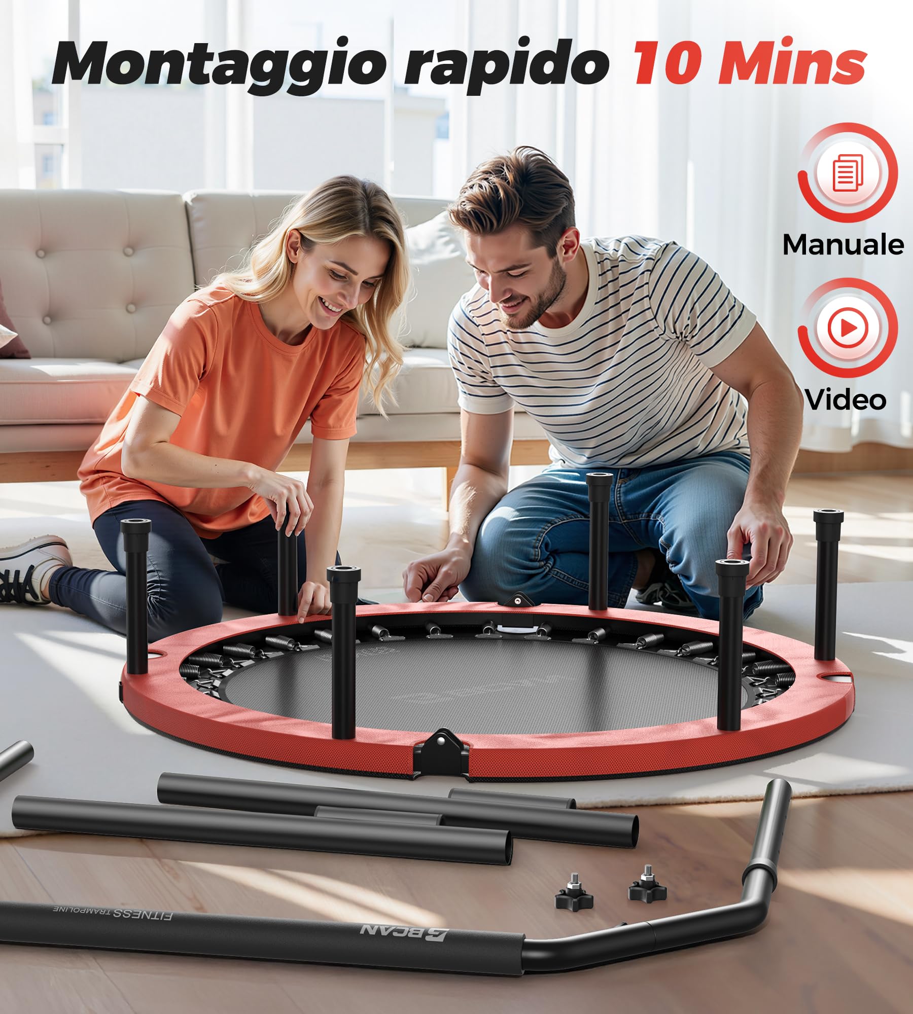 Trampolino da interno BCAN, mini trampolino fitness pieghevole da 102 cm, per adulti con maniglia regolabile, carico massimo 150 kg, ideale per l'allenamento a casa e l'allenamento fisico