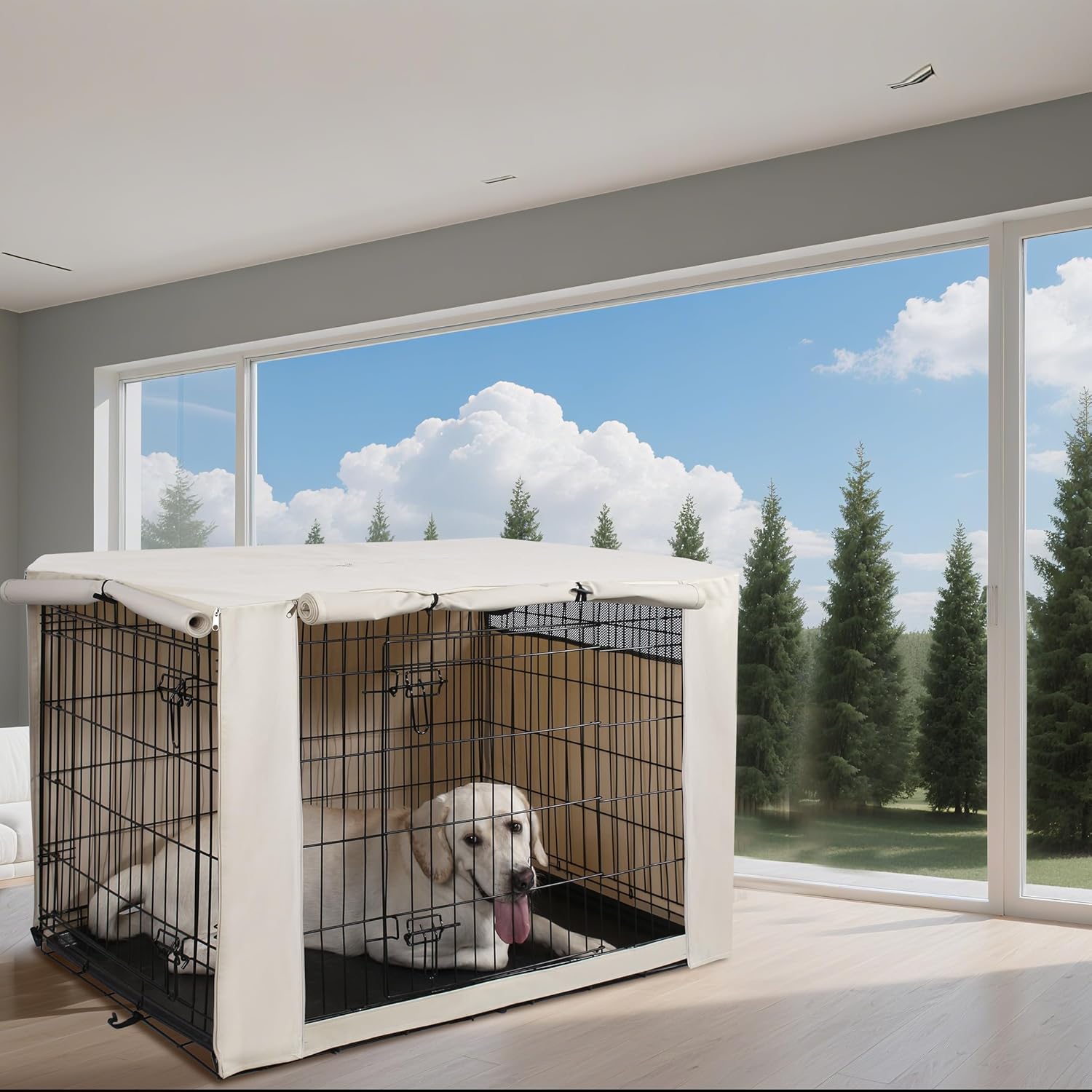 HiCaptain Polyester Canine Crate Cowl – Sturdy Windproof Pet Kennel Cowl for Wire Crate Indoor Outside Safety (36 inches, Gentle Tan)