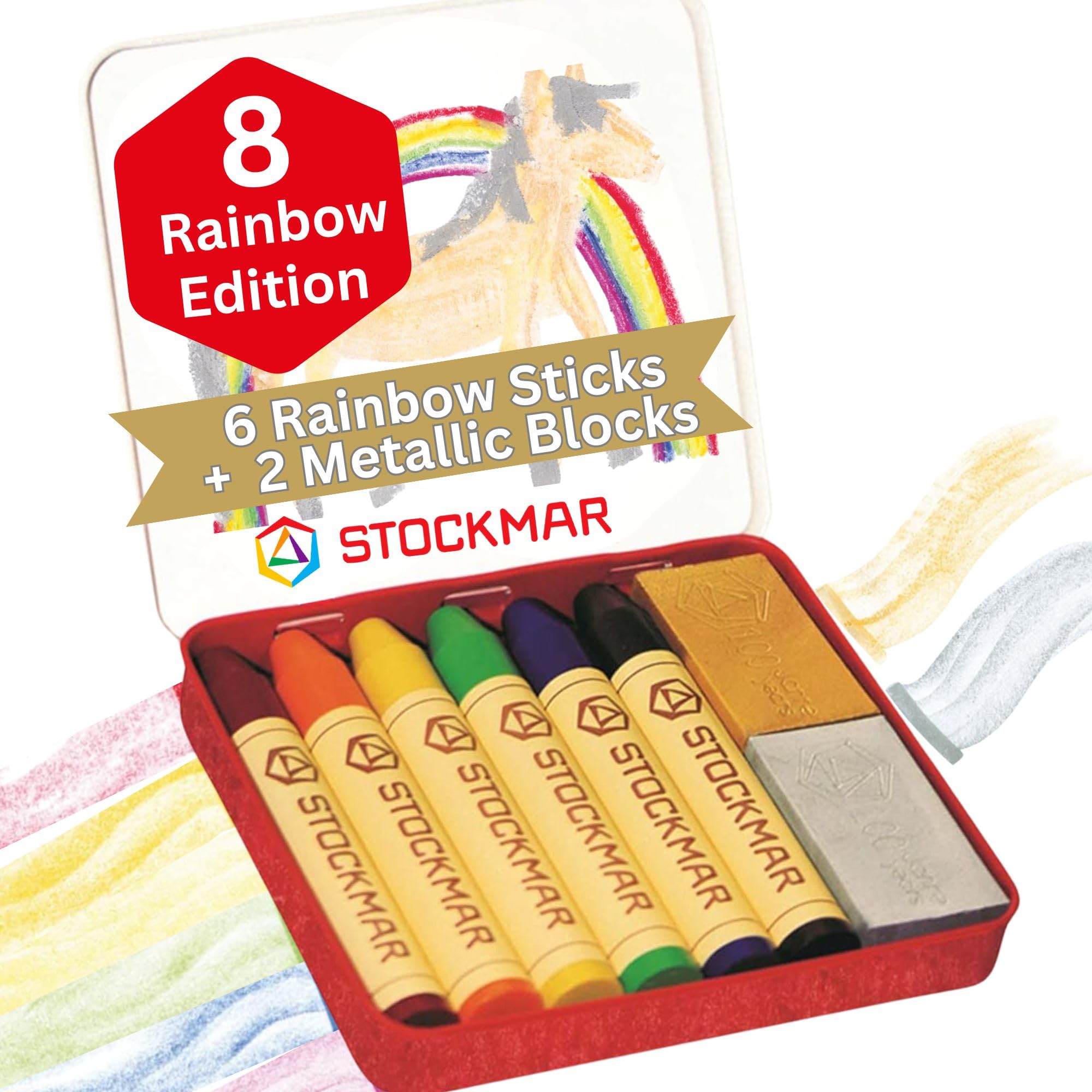 Stockmar Wax Crayons - Anniversary Rainbow Edition - 6 Sticks, 2 Metallic Gold and Silver Blocks, Beeswax Crayons, in Tin Case, Waldorf Art Supplies