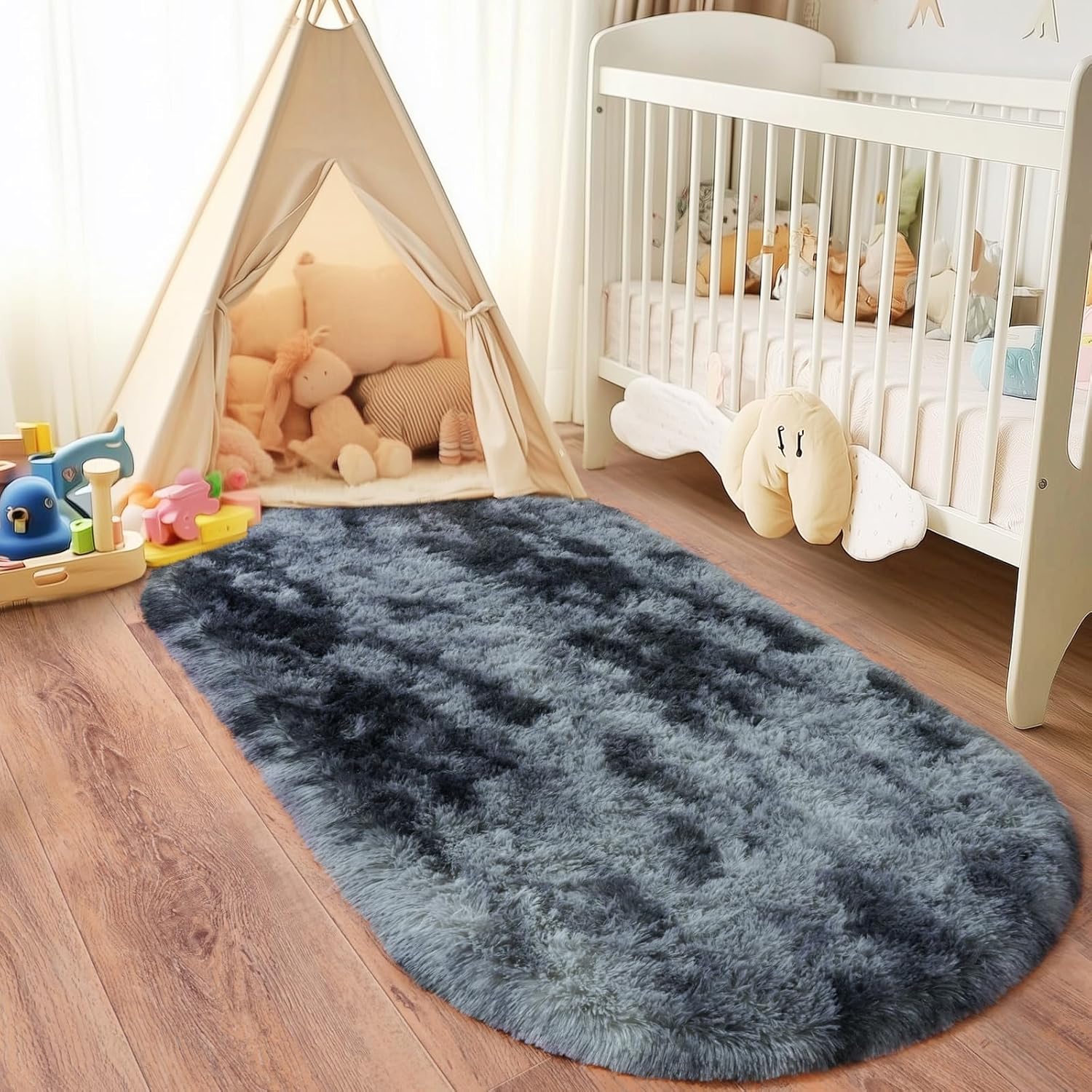 Fluffy Oval Rug for Bedroom 3.3'x6.2', Shag Area Rug for Bedside, Ultra Soft Cute Plush Carpet for Living Room Girls Boys Room Nursery Teens Dorm Home Decor, Blue Grey