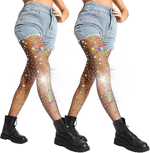 DancMolly Ultra Durable Sparkly Fishnet Stockings High Waist Sparkle Rhinestone Tights Party Concert Outfit for Women 1-2 Pcs
