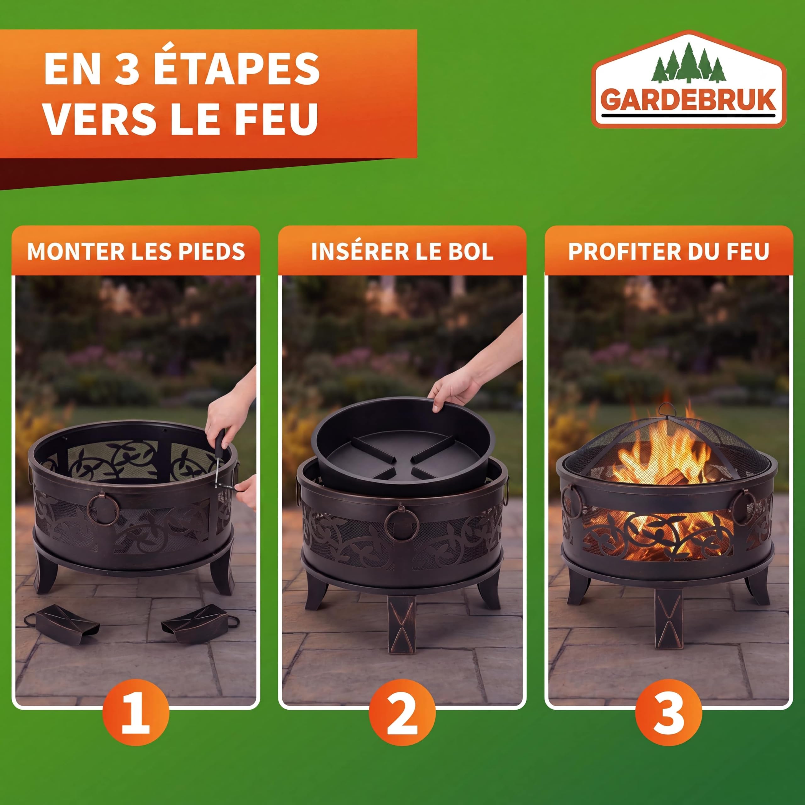 GARDEBRUK® Brasero Rond Ø67 cm en Acier Imitation Rouille Protection Anti-Étincelles Jardin Terrasse Cheminée d'Extérieur