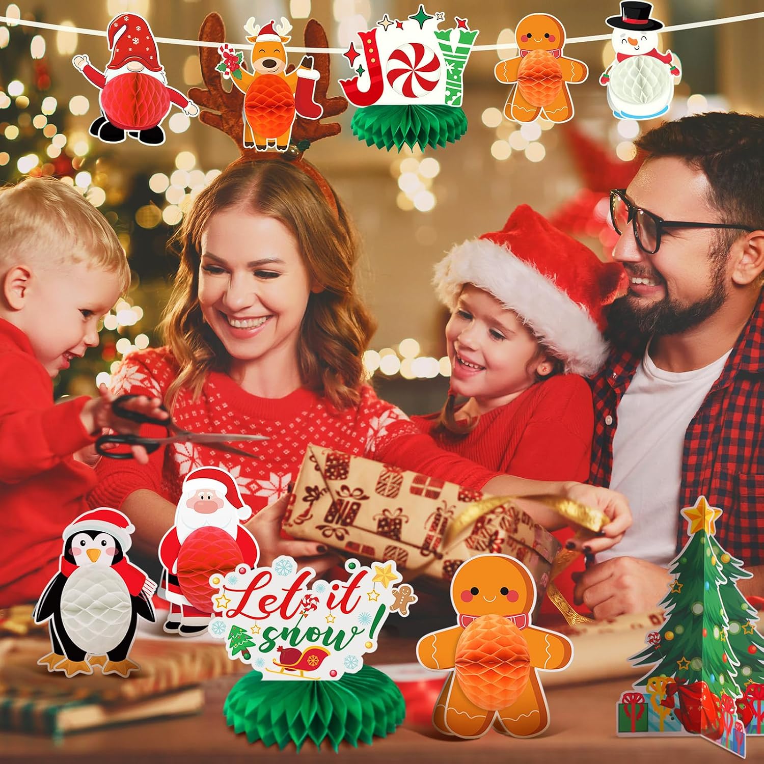 Liliful 12 Pcs Christmas Party Honeycomb Centerpieces Xmas Table Decorations Gingerbread Man Winter Holiday Center Pieces with Santa Claus Christmas Tree Snowman Gnome for Christmas Party Table Signs