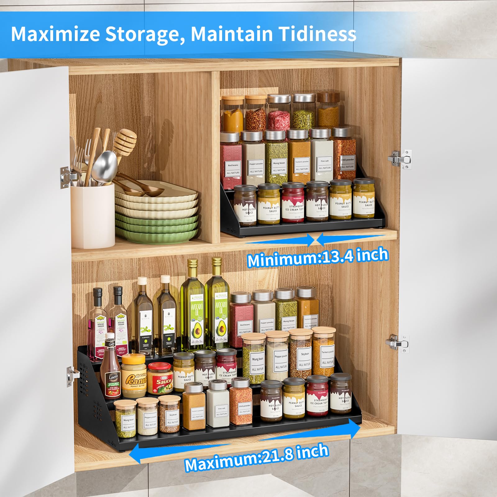 BOIVSHI Étagère à épices extensible en largeur (Noire) – Rack de cuisine sans perçage pour organisation d'armoire