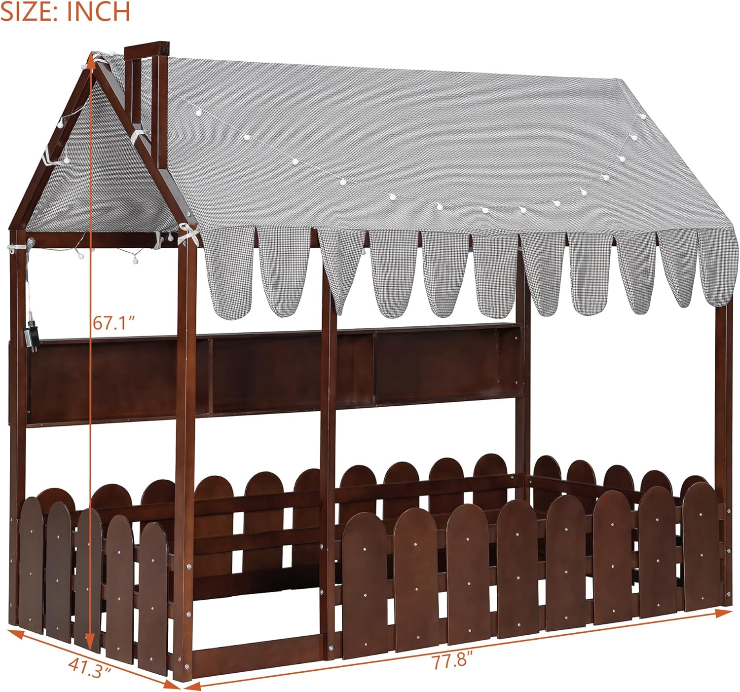 CZBZ Twin Size Montessori House Bed for Kids with Fence Railings, Tent, Lights and 3 Storage Shelves, Espresso Wood Floor Bed Frame, Slats Not Included, Box Spring Required