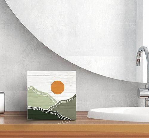 Miniatura 6 de SRADMO Caja abstracta de madera con diseño de montañas y sol de estilo bohemio, decoración de escritorio, paisaje de naturaleza bohemia, bloque de