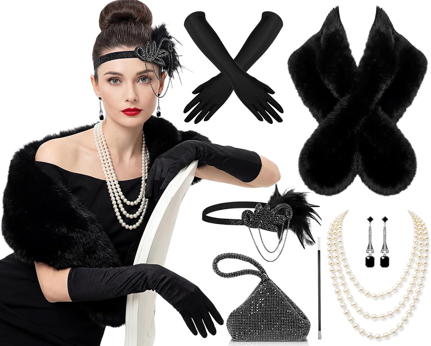 Estune 7 Pcs 1920s Flapper Accessories for Women Headpiece Fur Shawl Clutch Earrings Necklace Gloves Holder Roaring Costume