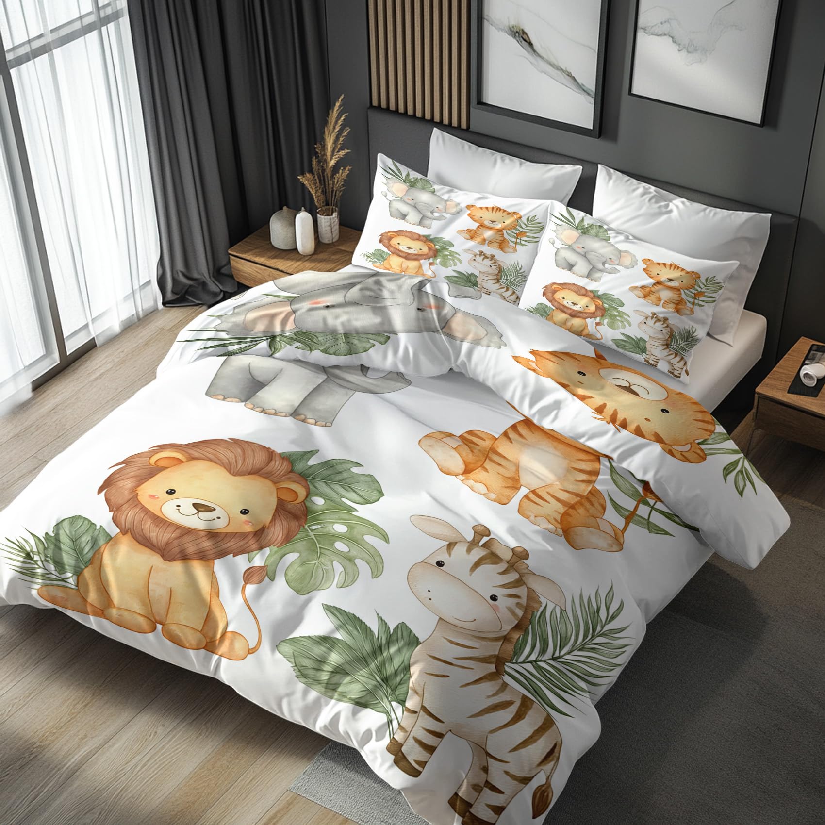 Safari Animal Super King Duvet Cover Sets - Cute Cartoon Kids Bedding & Bedroom Decor, Super Soft Microfiber Quilt Cover and 2 Pillowcases, with Zip, Reversible Design habvu-34