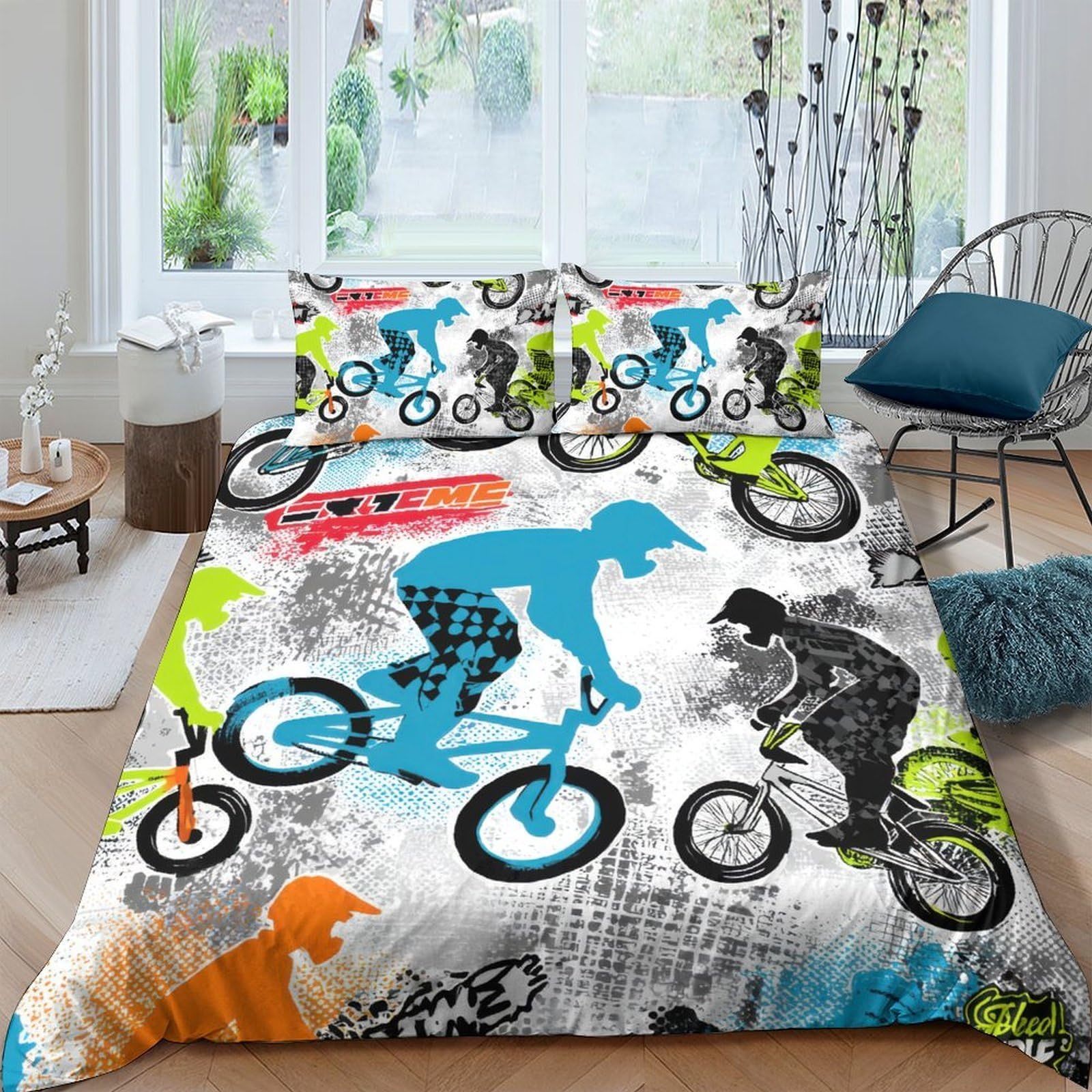 Ctjqhvkz Style-10 3D Printed Bmx Rider Fitted Sheet Microfiber Anti-Slip Colourful Graffiti Bed Cover Bedroom Decor Single（135X200cm）