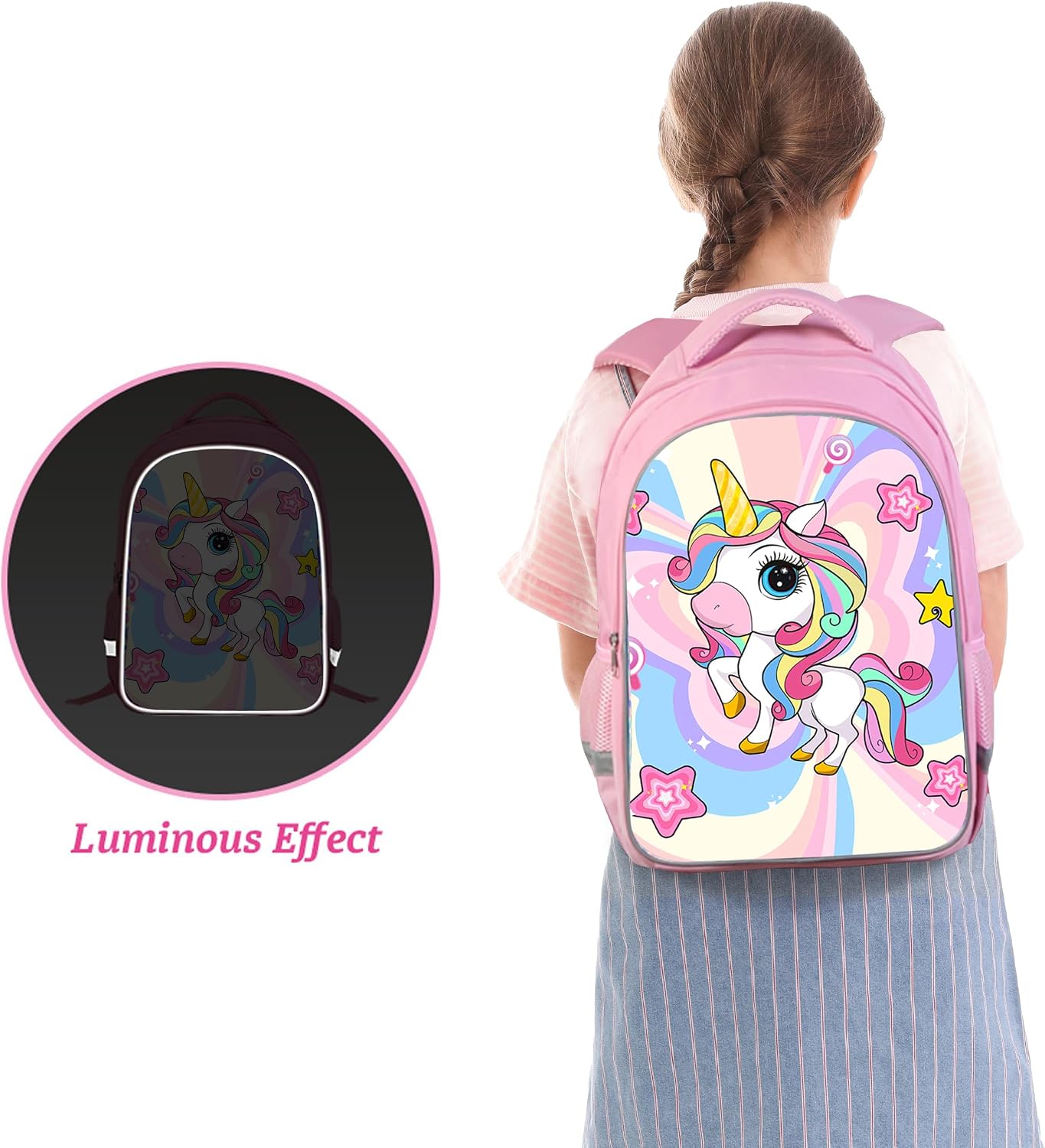 Kids Backpack for Girls 17 Inch Pink Unicorn Backpack for Kids Bookbag for Preschool Kindergarten Elementary Cute Rainbow School Bag image 2