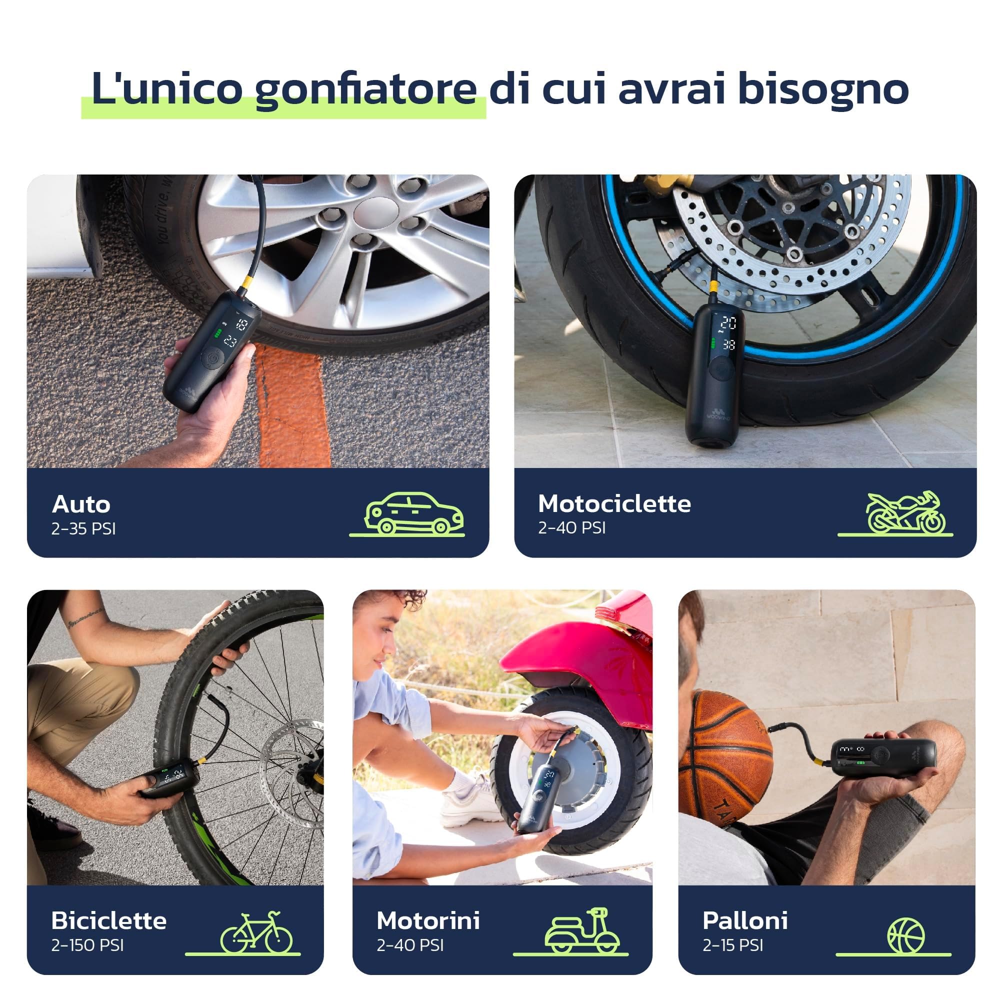 Woowind Compressore Aria Portatile, Pompa Per Bicicletta Elettrica Gonfiaggio in 1 Minuto, 150PSI Gonfia Gomme Auto, Biciclette, Moto e Palloni con Spegnimento Automatico, Schermo LCD, Luce LED
