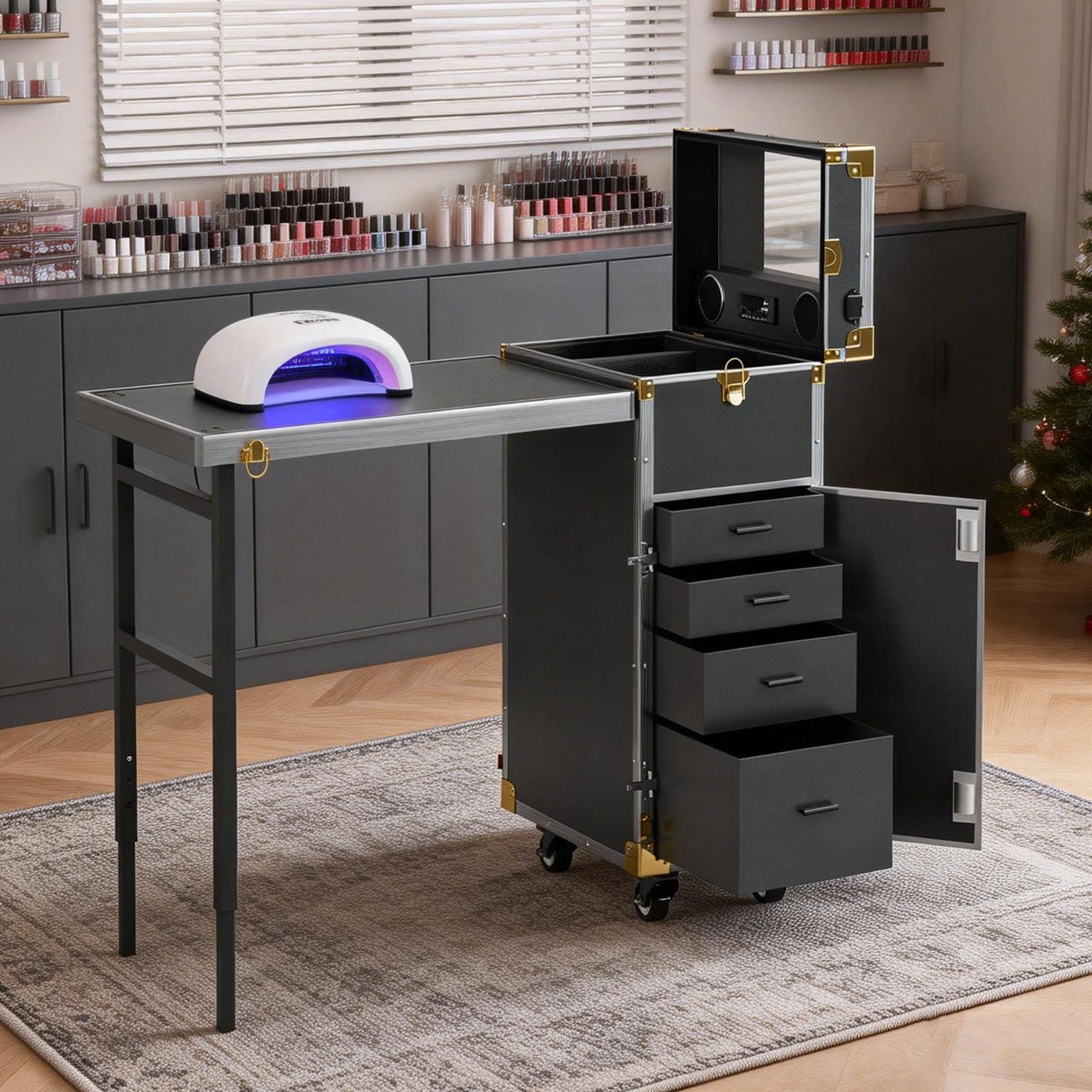 Icoget Portable Rolling Manicure Table for Nail Teach, Foldable Traveling Nail Desk w/Storage, Mobile Nail Table w/Audio and Mirror, Makeup Train Case Cosmetic Trolley, Black