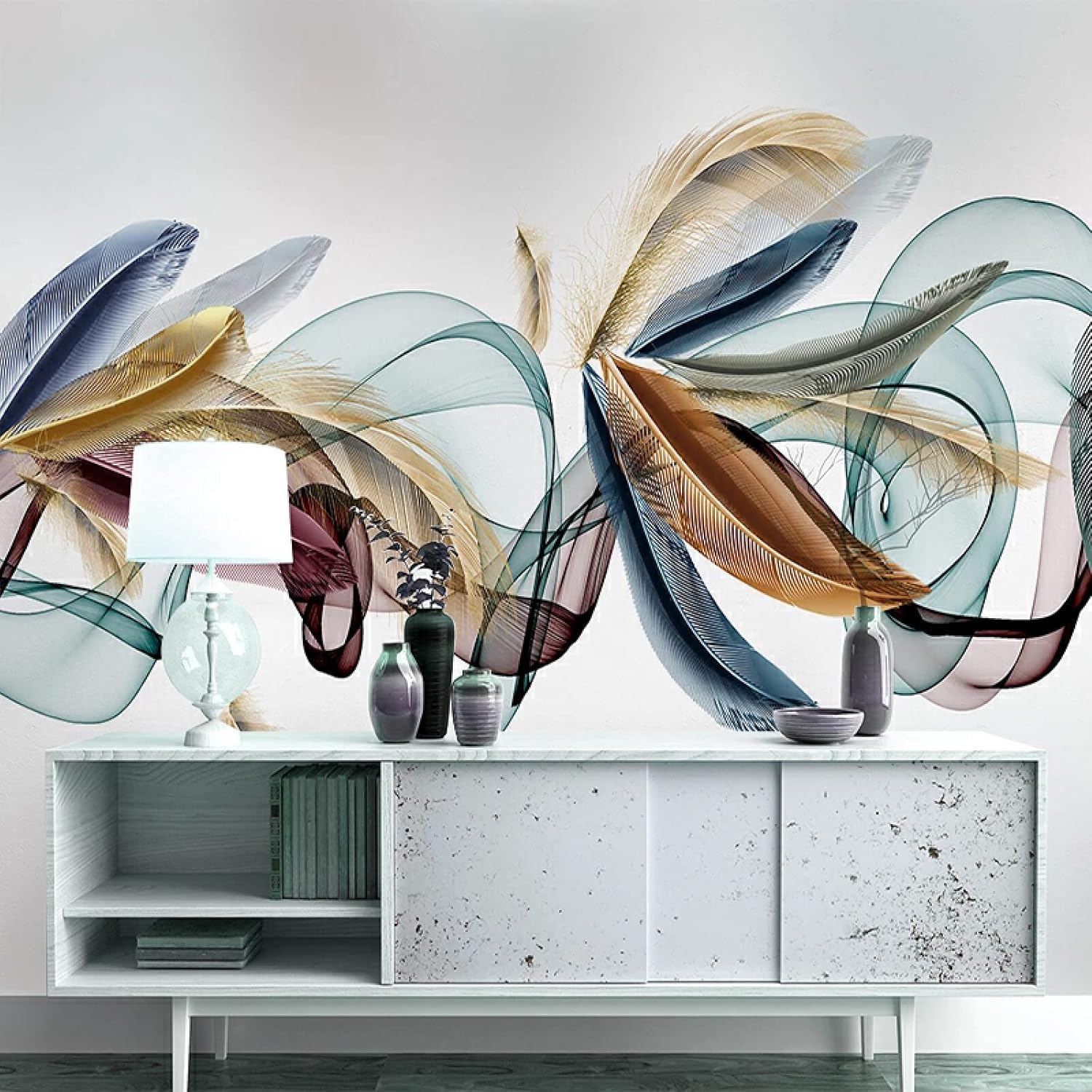 Papier peint 3D plumes colorées pour mur TV du salon et chambre