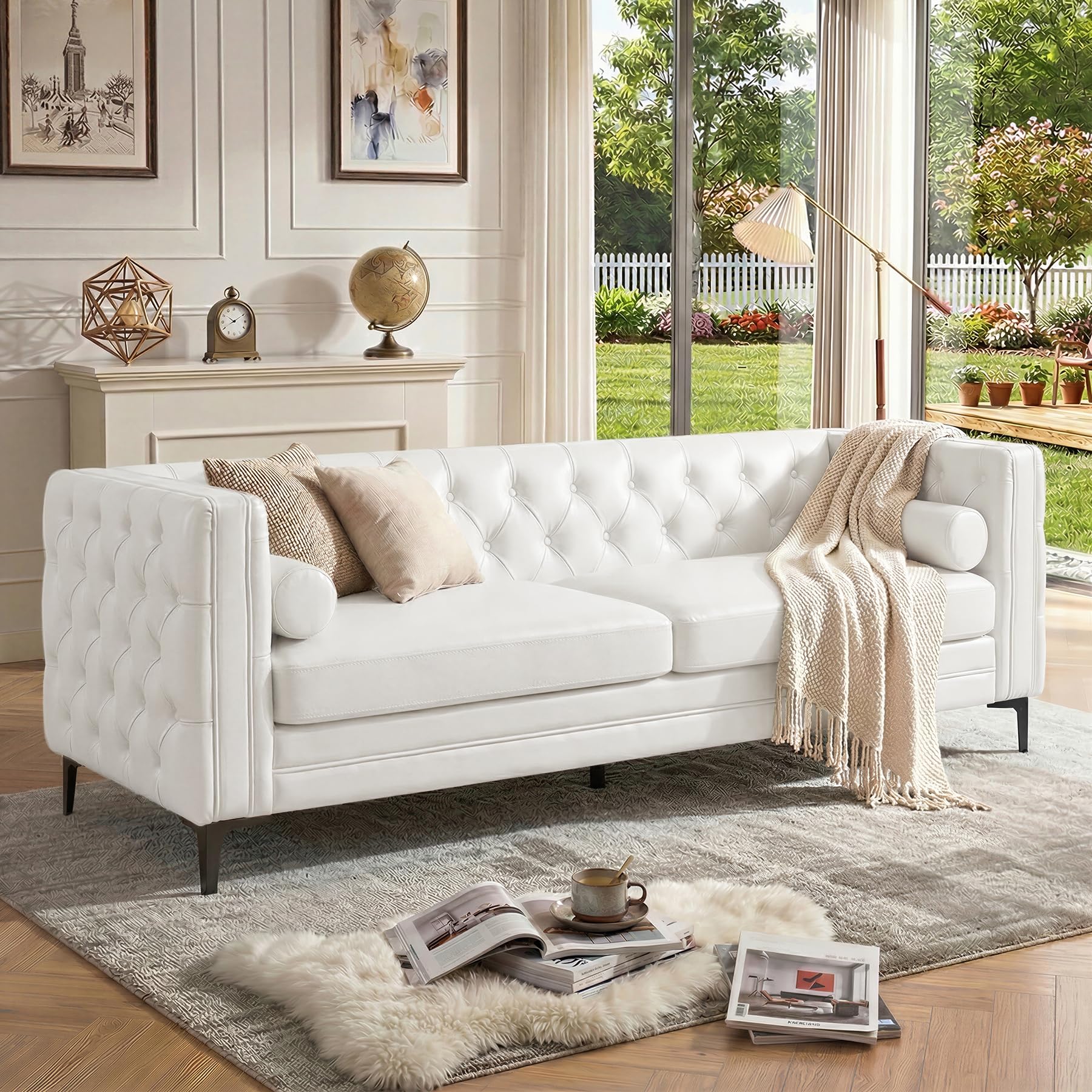 Faux Leather Sofa for Living Room Mid-Century Modern Couch with Button Tufting Metal Legs and 2 Bolster Pillows