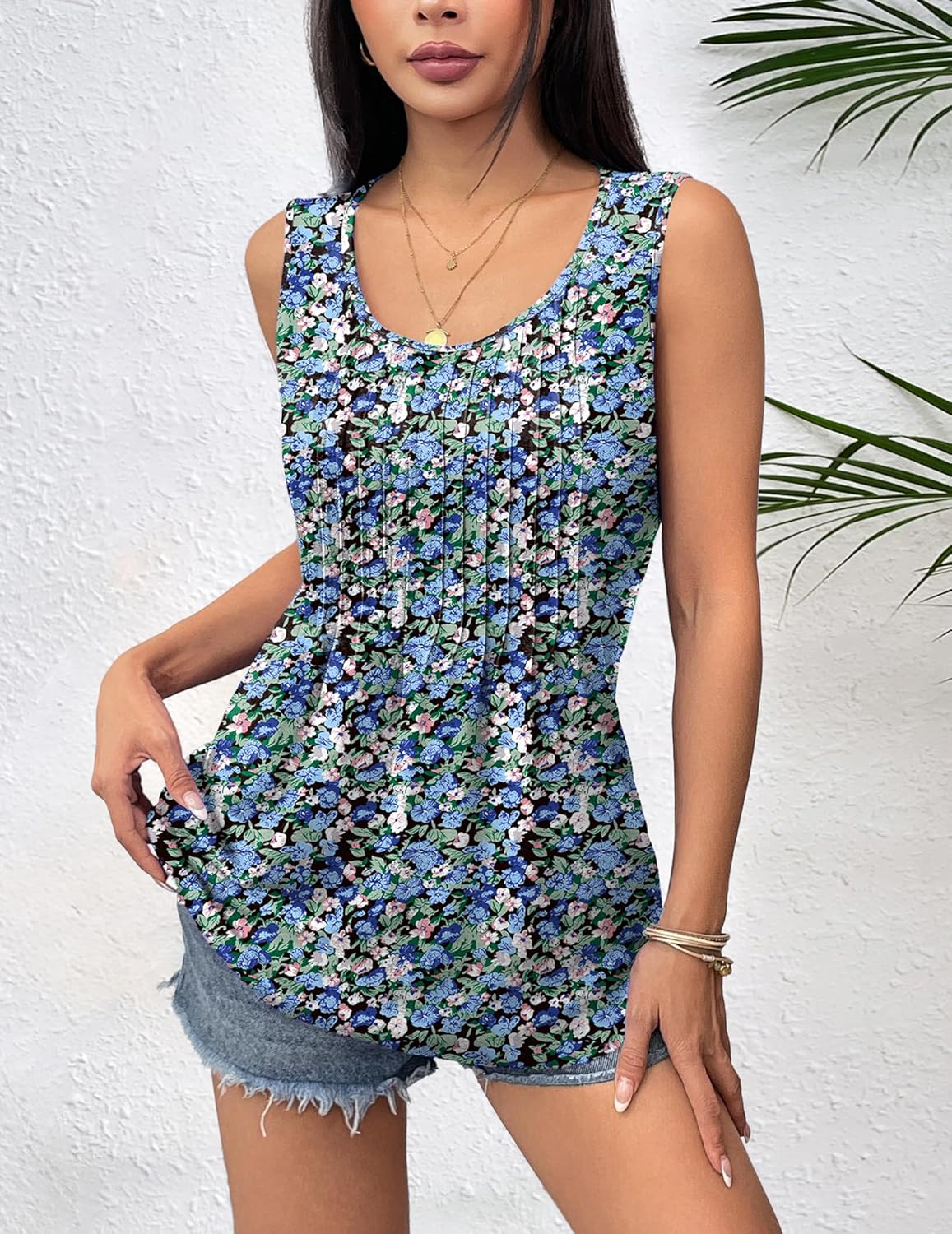 Zeagoo Women's Summer Tank Tops 2026 Pleated Crew Neck Floral Solid Loose Fit Casual Sleeveless Flowy Boho Tunic Shirts - Image 2