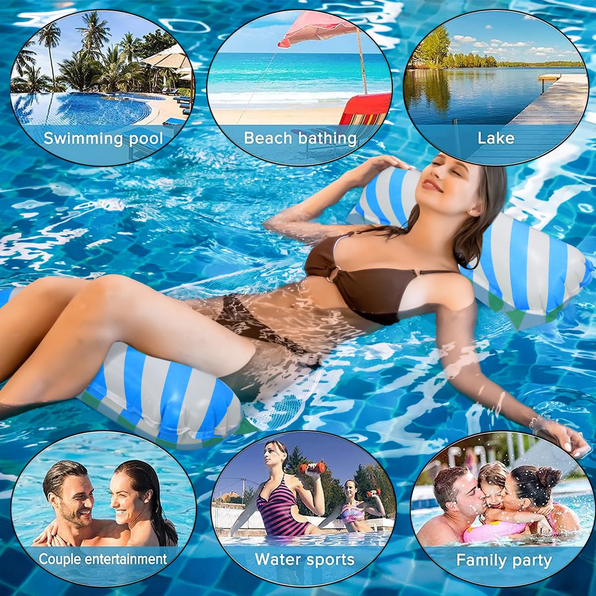 Wasserhängematte,Zusammenklappbar Aufblasbares Schwimmbett, 4 In 1 Aufblasbare Wasserspielzeug,Pool Aufblasbar Wasser Hängematte für Sessel Matratzen Sitz Schwimmmatratze mit Infloator-Pumpe