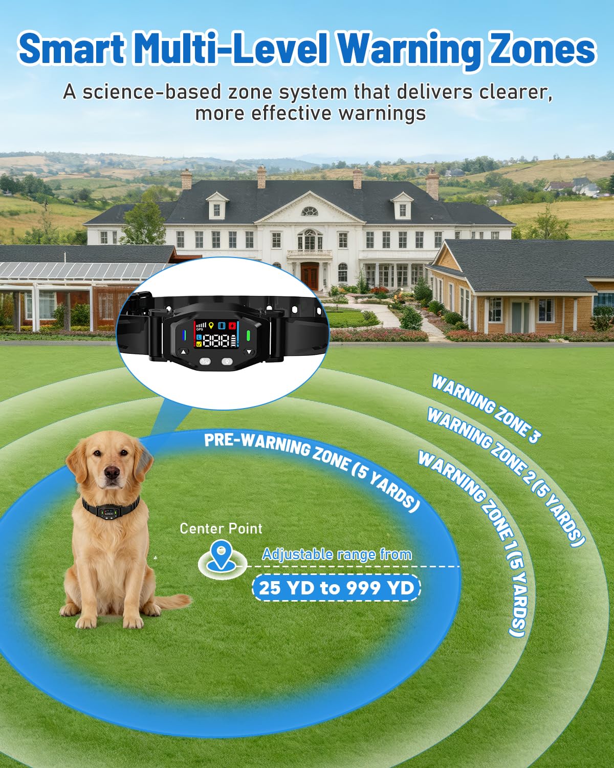 Valla inalámbrica GPS para perros con rango de 25-999 yardas, para perros de más de 18 libras | Sistema eléctrico de contención perimetral con cuello impermeable IPX7, corrección de golpes de vibración de pitido