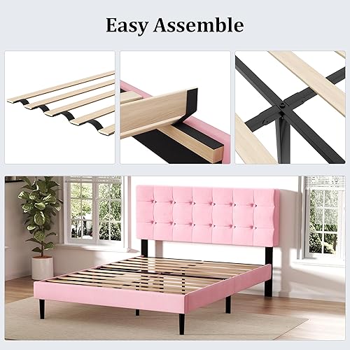 Miniatura 6 de UNIZONE Base de cama tapizada de terciopelo Queen con cabecera capitoné, soporte de listones de madera, base de colchón, no necesita somier, fácil