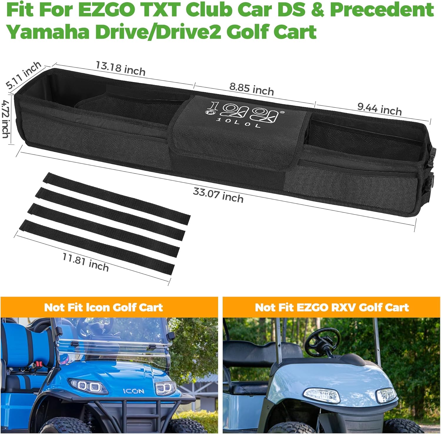 10L0L Universal Golf Cart Basket, No-Drilling Front Inner Dash Organizer for Yamaha, EZGO & Club Car, Heavy-Duty 1680D Oxford Fabric Dash Tray with Reinforced PE Support Frame