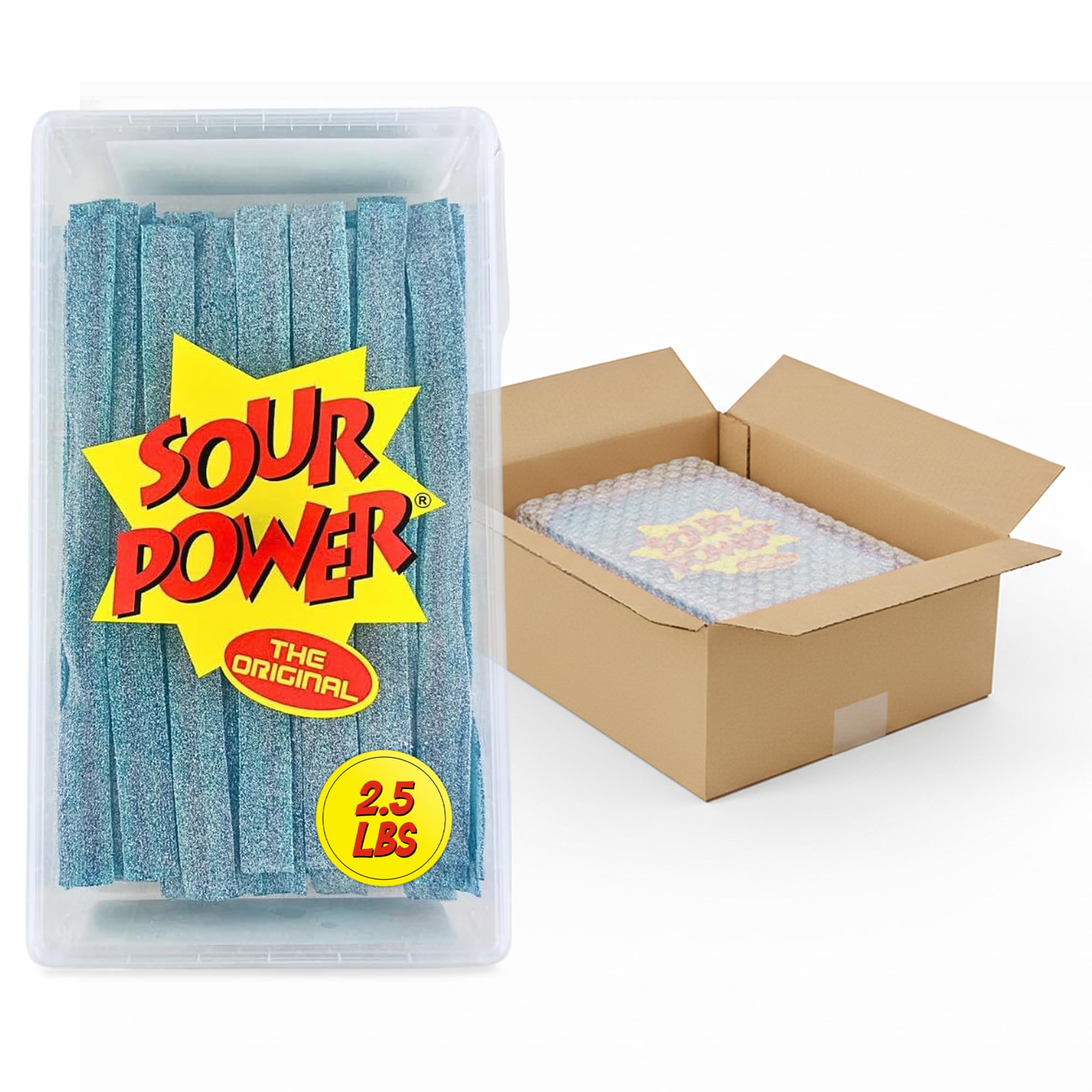 Sour Power Premium Berry Blue Candy Belts – The Original Sour Candy Since 1985 – 2.5 lb Resealable Bulk Tub – Vegan, Non-GMO, Gelatin Free – Soft, Chewy, Sweet & Tart Retro Treats – Bubble-Wrapped & Boxed for Safe Shipping