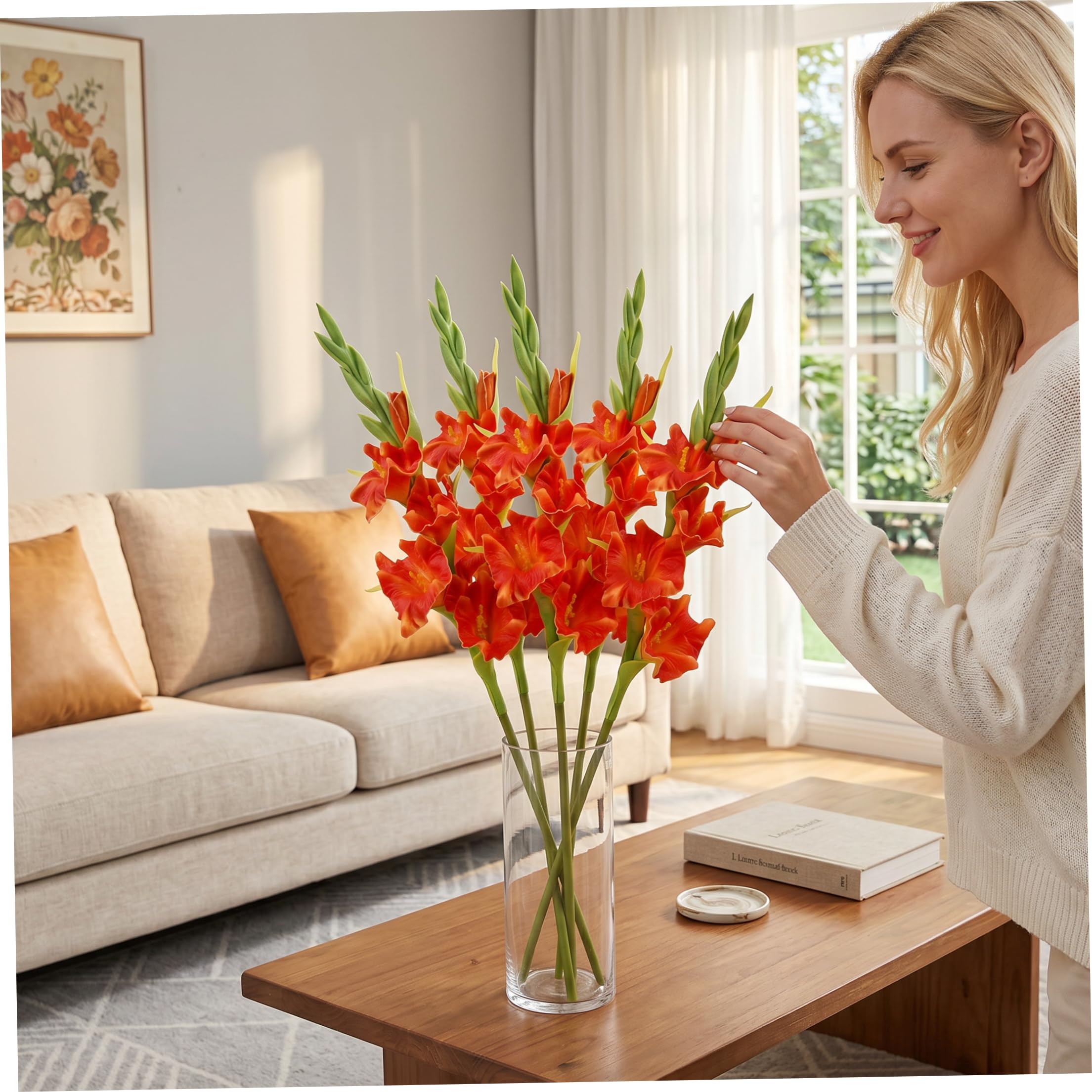 6 Stück Gladiolen, künstliche Blumen, 55, 9 cm, realistische Kunstblumen für Vasen, Blumenstiele für Heimdekoration, Orange