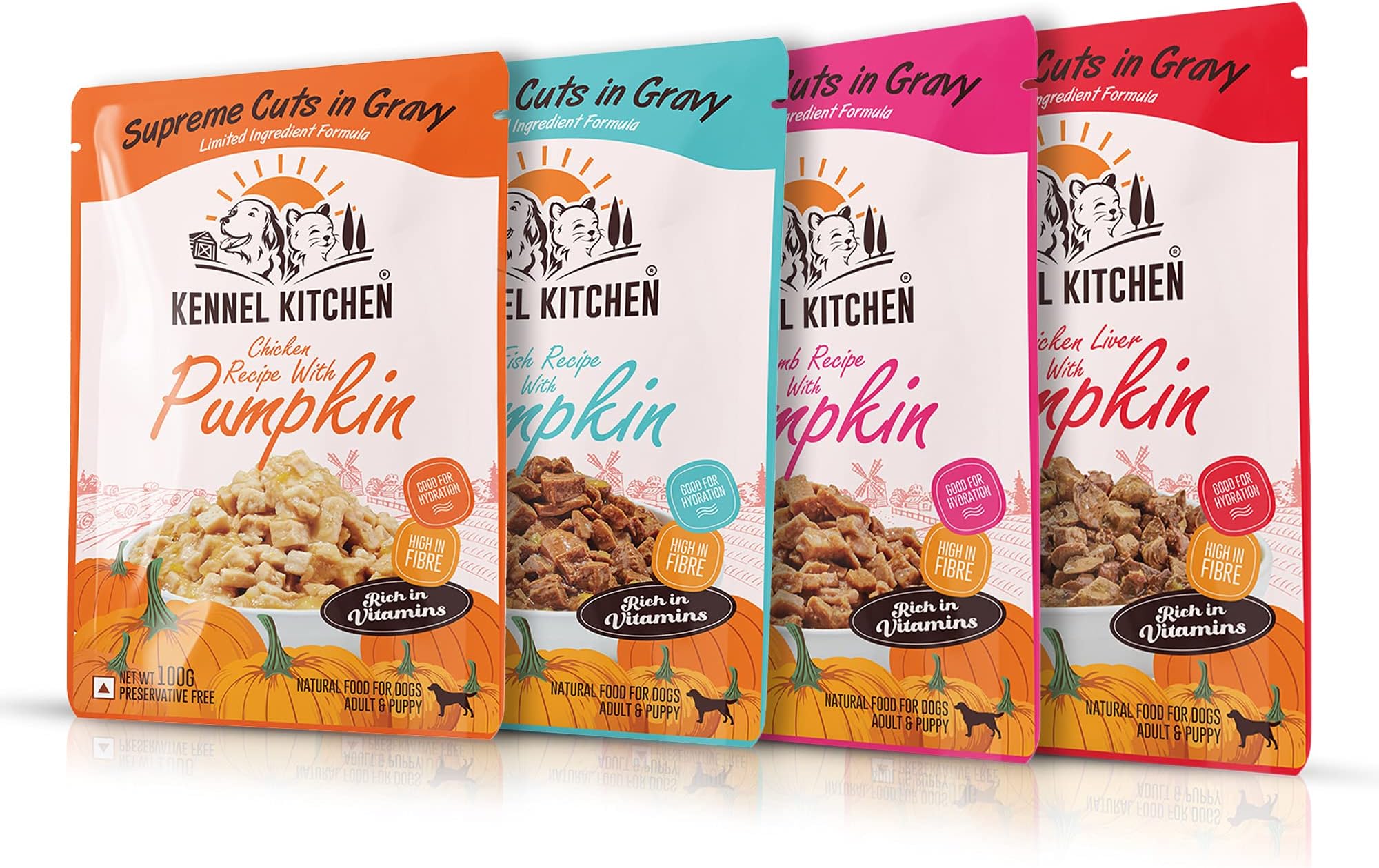 Kennel KitchenWet Dog Food for Adult and Puppy, Supreme Cuts in Gravy with Pumpkin, Variety Pack, Chicken, Chicken Liver, Lamb and Fish Recipe, 100g (Pack of 24)