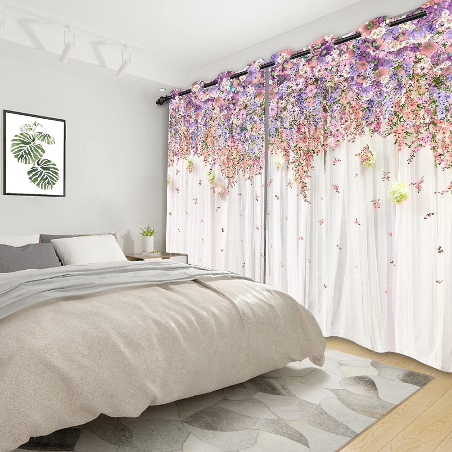 Yeele 53x96inches Floral Window Curtains Purple and Pink Weeping Flowers Room Darkening Window Panel Set Noise Reducing Thermal Insulated Grommet Window Treatment Drapes for Girls Bedroom Decor