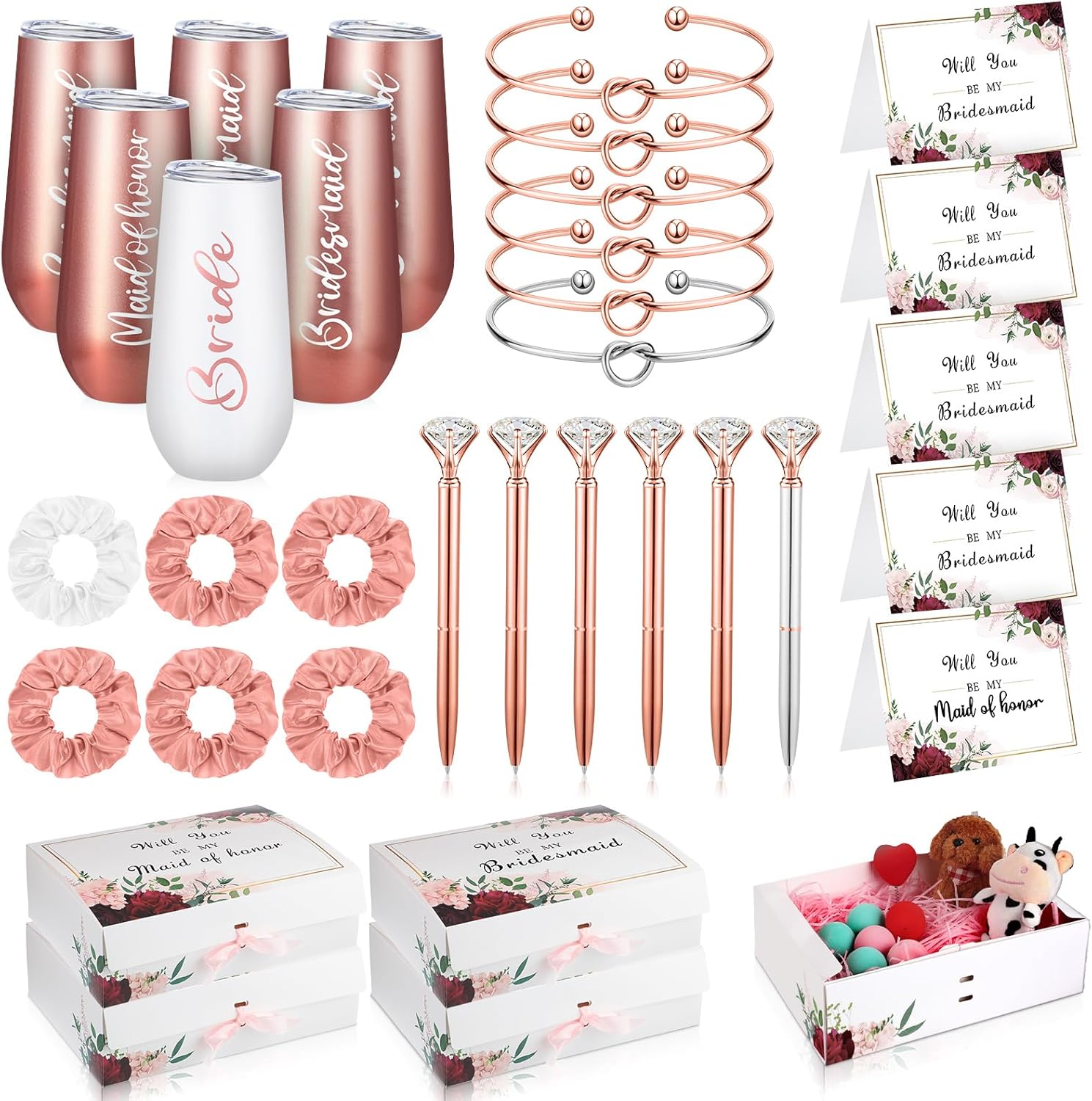 Sabary 34 Pcs Bridesmaids Proposal Gift Set Include 5 Bridesmaids Proposal Box 6 Wine Tumblers 6 Love Knot Bracelets 6 Diamond Pen 5 Maid of Honor Card with 6 Hair Ties(Rose Gold,Elegant)