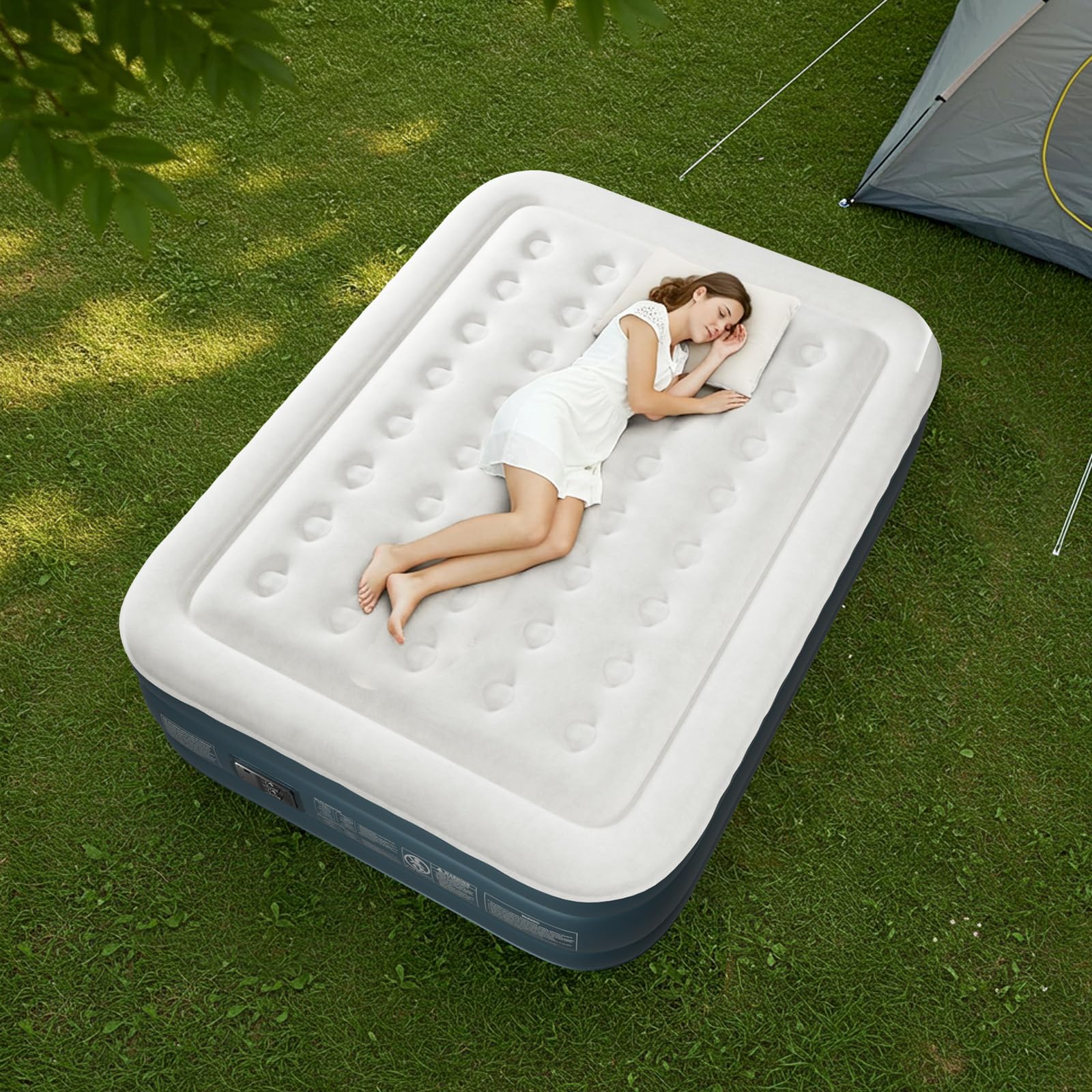Bonnlo Matelas de Camping Pliable avec Pompe électrique, Matelas Gonflable Autogonflant avec Surface en Velours, pour 2 Personnes (Gris-Blanc et Gris Foncé, 203 x 152 x 45 cm)