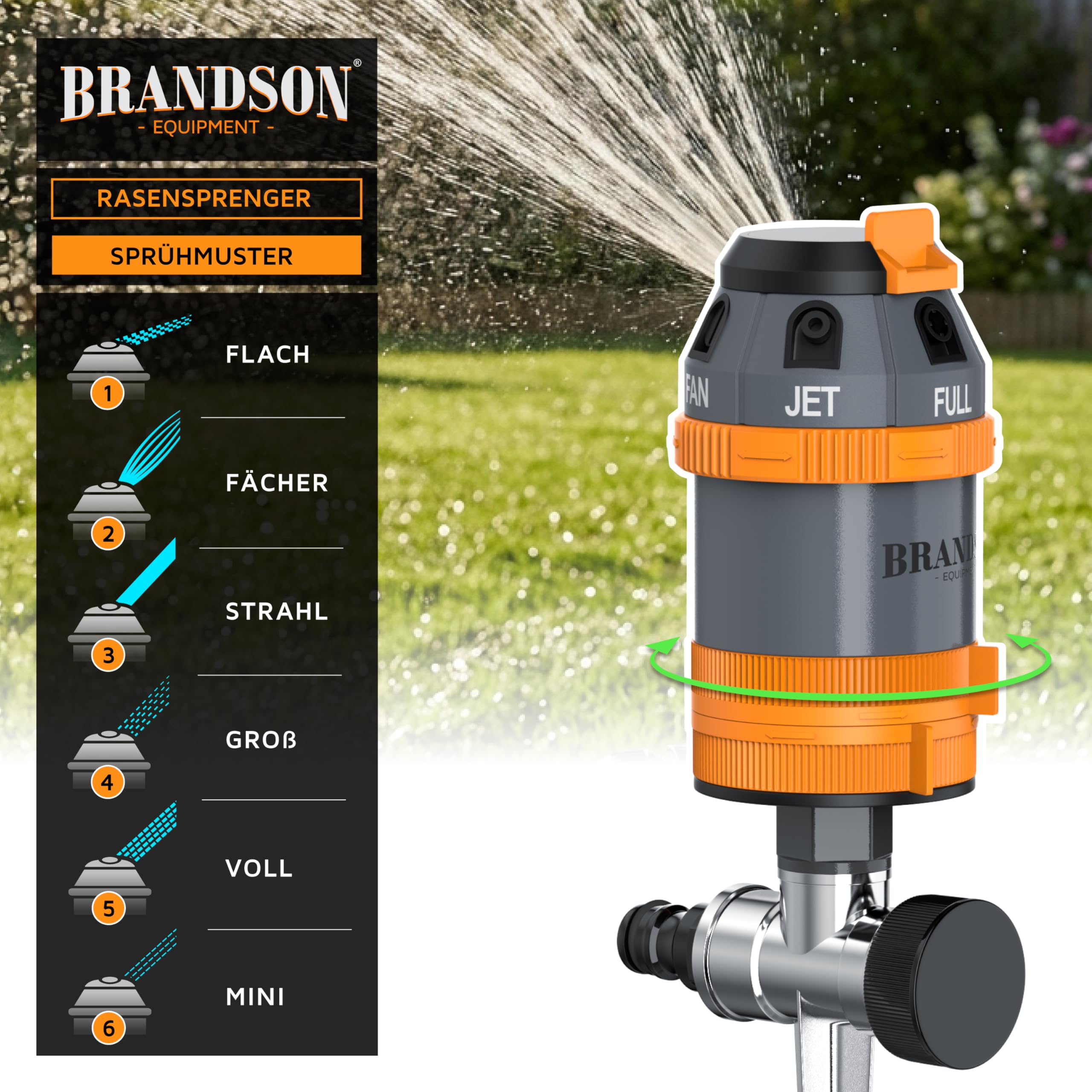 Brandson – 360 Grad Rasensprenger 3/4 Zoll - 6 Sprühmuster - Rasensprinkler für große Flächen – Gartensprenger - Bewässerungssektor 5°-360° – einstellbare Sprühhöh – für Garten Rasen Pflanzen Beete