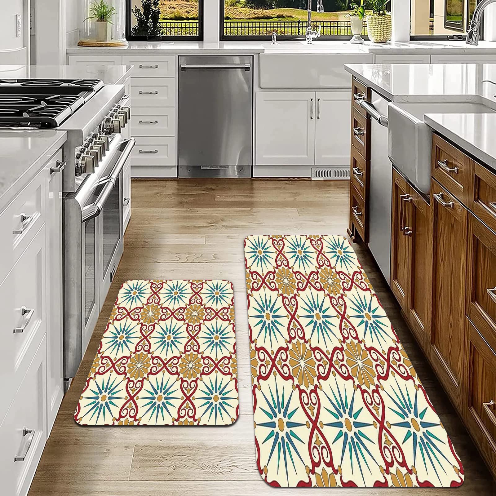 Set Di 2 Tappetini Da Cucina Anti-fatica Con Bandiera Di Porto Rico E Faro - 45x75 E 45x150 Cm - Antiscivolo