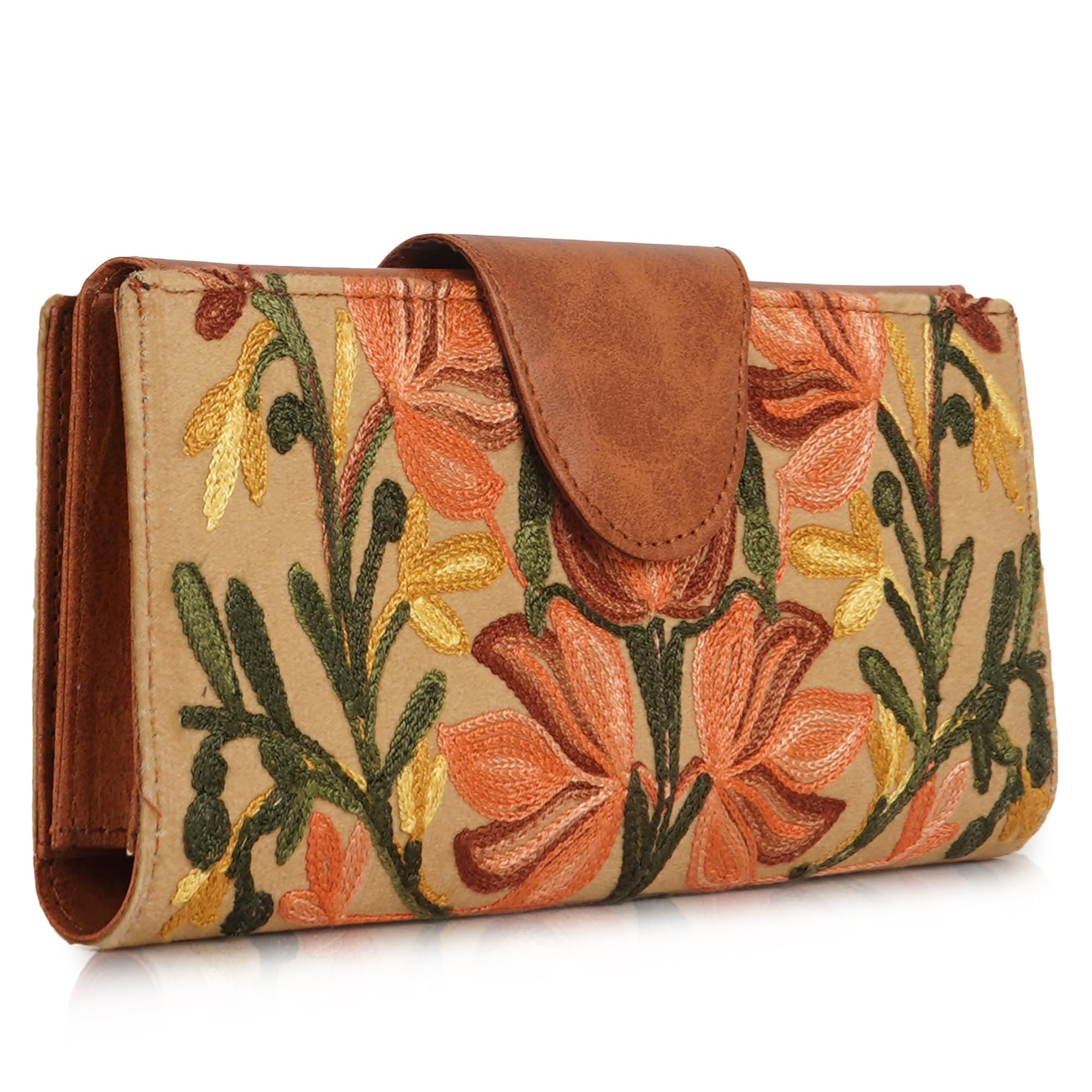 Floral Embroidered Wallet, Sage Green, Multi-Layer Card Holder with Pink Flower Design, Travel Business Clutch for Women (Tan)-image-44
