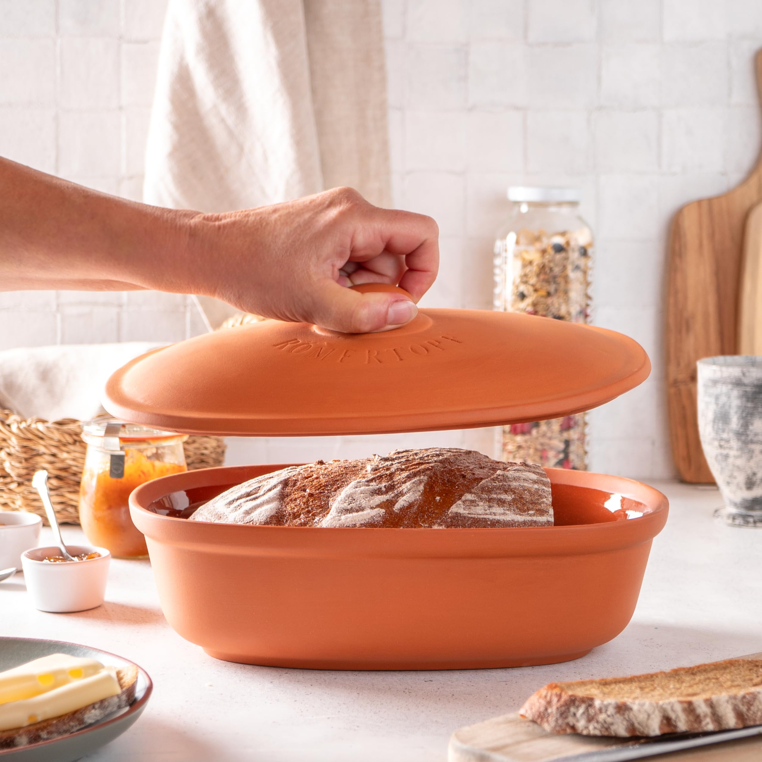Römertopf Panera de barro cerámico, ideal para guardar pan y bollería de 30 x 21 cm, Terracota